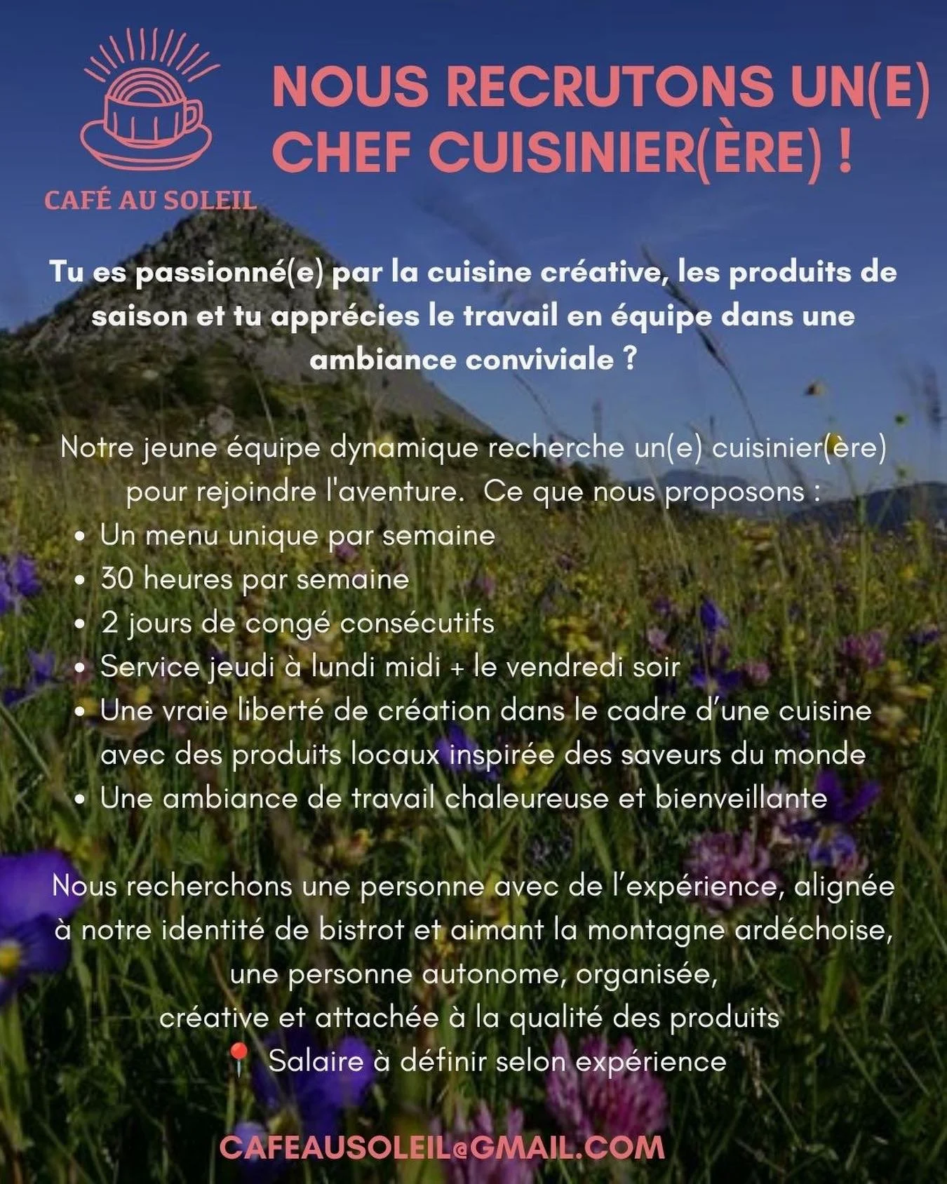 Tu es passionn&eacute;(e) par la cuisine cr&eacute;ative, les produits de saison et tu appr&eacute;cies le travail en &eacute;quipe dans une ambiance conviviale ?

Notre jeune &eacute;quipe dynamique recherche un(e) cuisinier(&egrave;re) pour rejoind