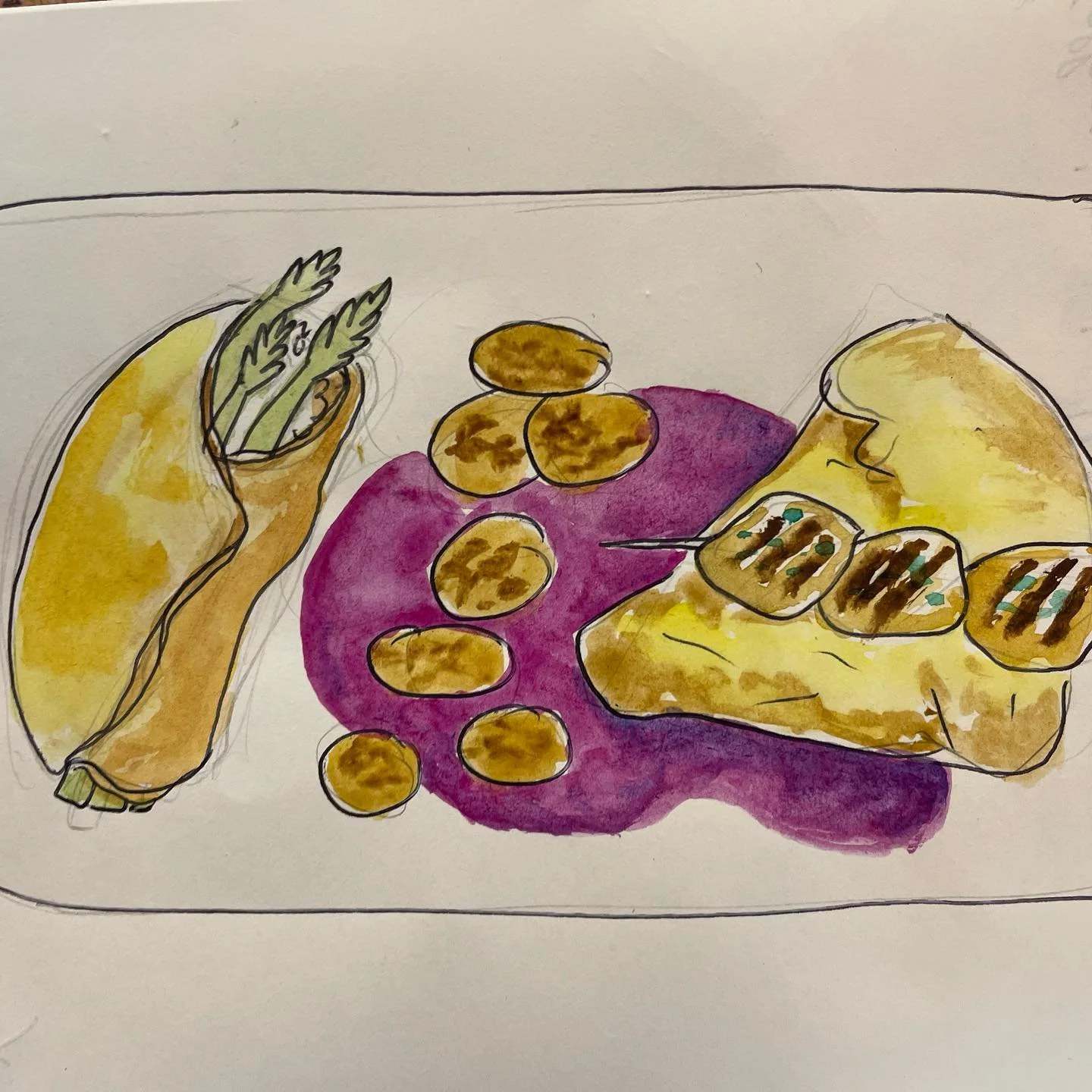 Une illustration de nourriture, comprenant une enveloppe de burrito avec des asperges, une portion de patates douces ou de courge avec une sauce violet foncé, et une pizza avec du fromage fondu et des ingrédients en haut.