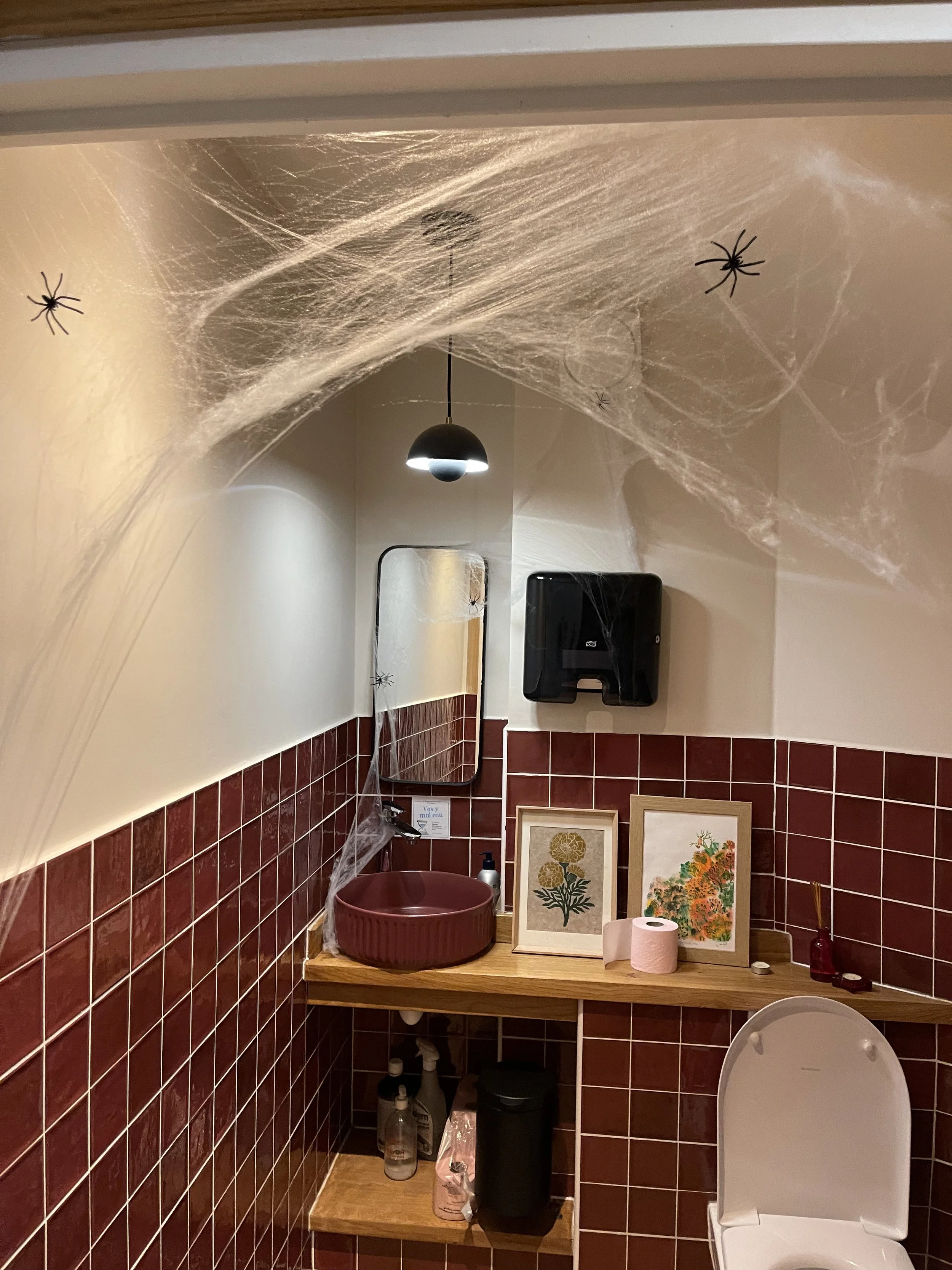 Une salle de bain décorée avec des toiles représentant des fleurs, une vasque ronde de couleur bordeaux sur un comptoir en bois, des araignées en plastique ou en décoration collées aux murs et au plafond, avec des toiles d'araignées simulées pour une
