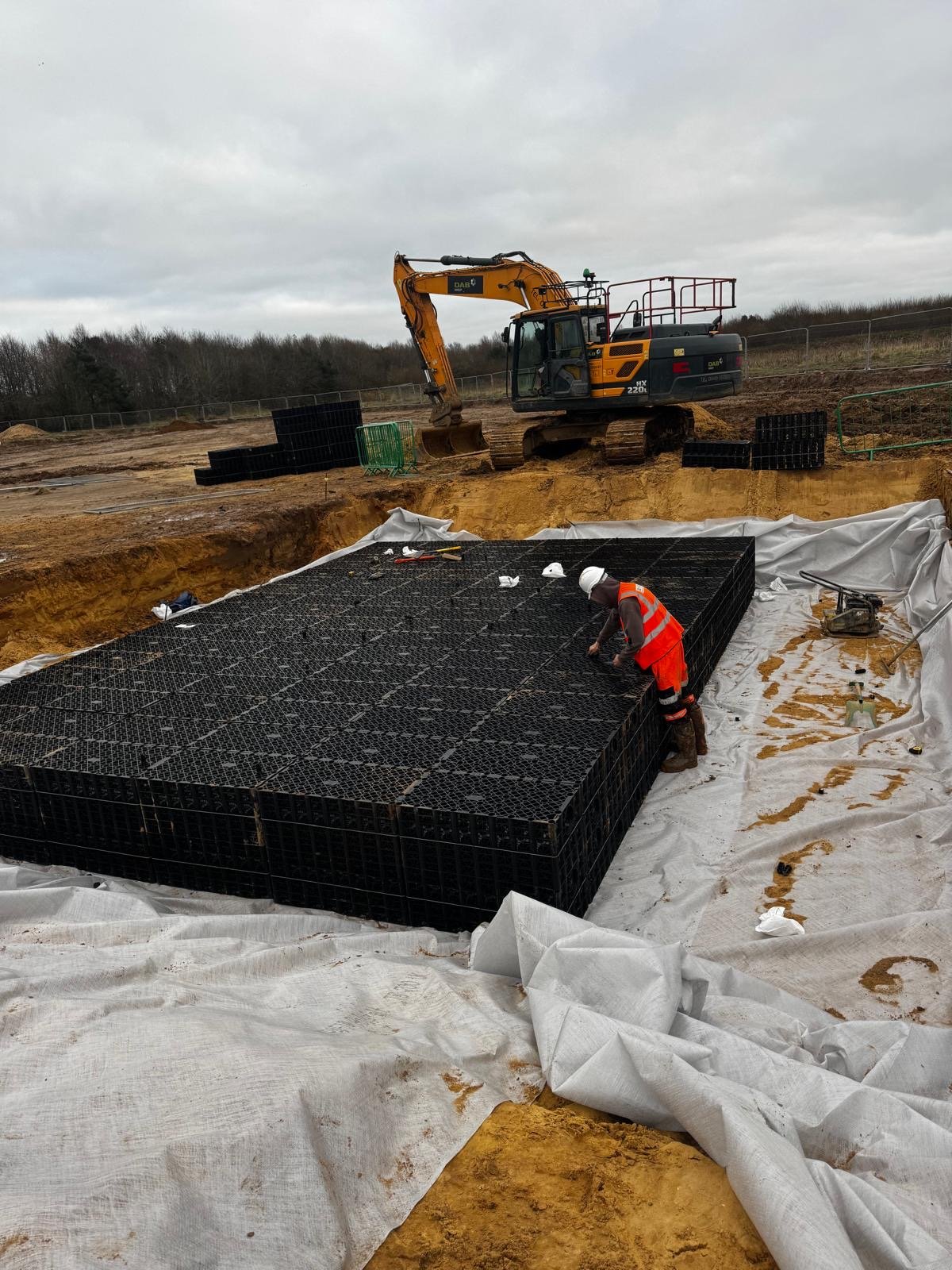 Construction site with a worker in a safety vest and helmet laying a large black plastic grid on a prepared ground. An excavator is on the background, along with construction barriers and cloudy skies.