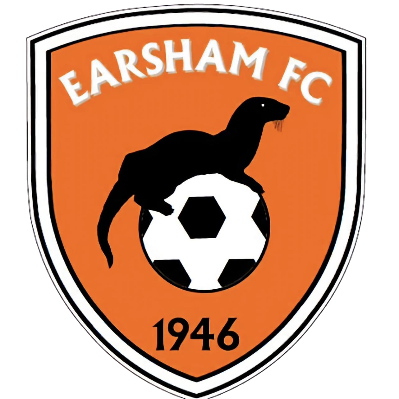 The logo of the Earsham Football Club features a black otter standing on a black and white soccer ball, set on an orange shield background with a black and white border. The club was established in 1946.