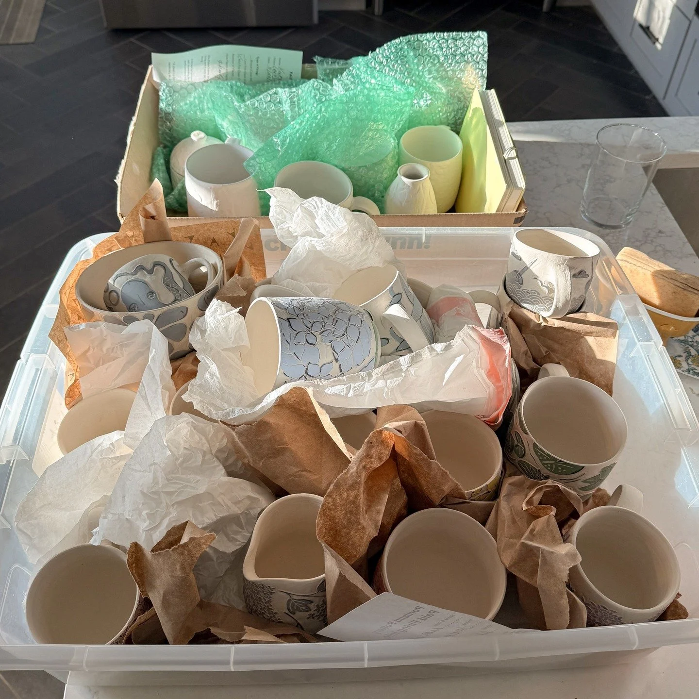 Drop-off Day. I don't have a kiln, so I take my stuff to Portland Pottery for their paid firing service. They're fast and do a great job, and as much as I want a kiln, it's nice to not have the stress of trying to get that right. You can see that the