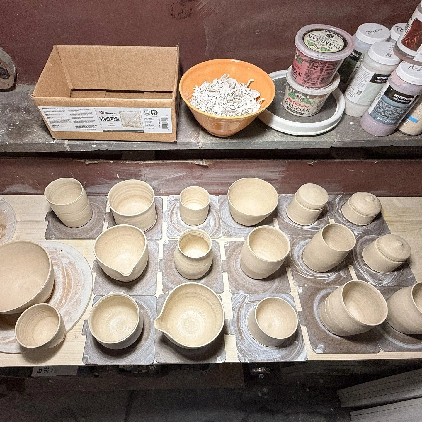 Throwing day! I love the potential of all these naked little pieces as palettes for my sgraffito designs. #sgraffito #mainepotter #mainepottery