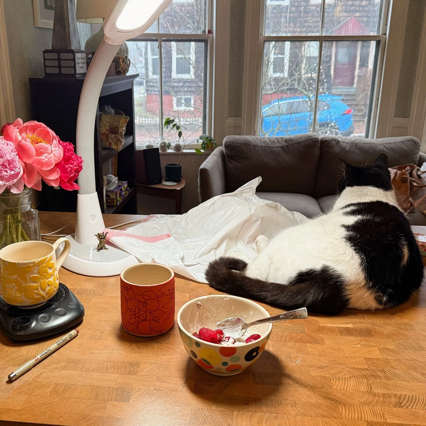 Morning scene. Cat, carving, and coffee. #sgraffito #mainepotter #mainepottery