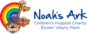 Logo for Noah's Ark Children's Hospital Charity featuring a smiling cartoon Noah's Ark with animals, a rainbow, and text.