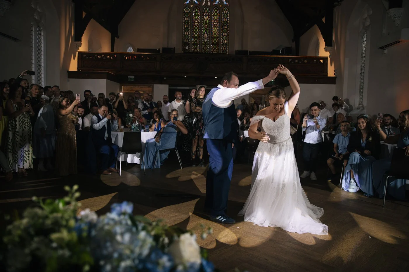 Cornerstone Cardiff - bride and groom dancing in the great hall during wedding