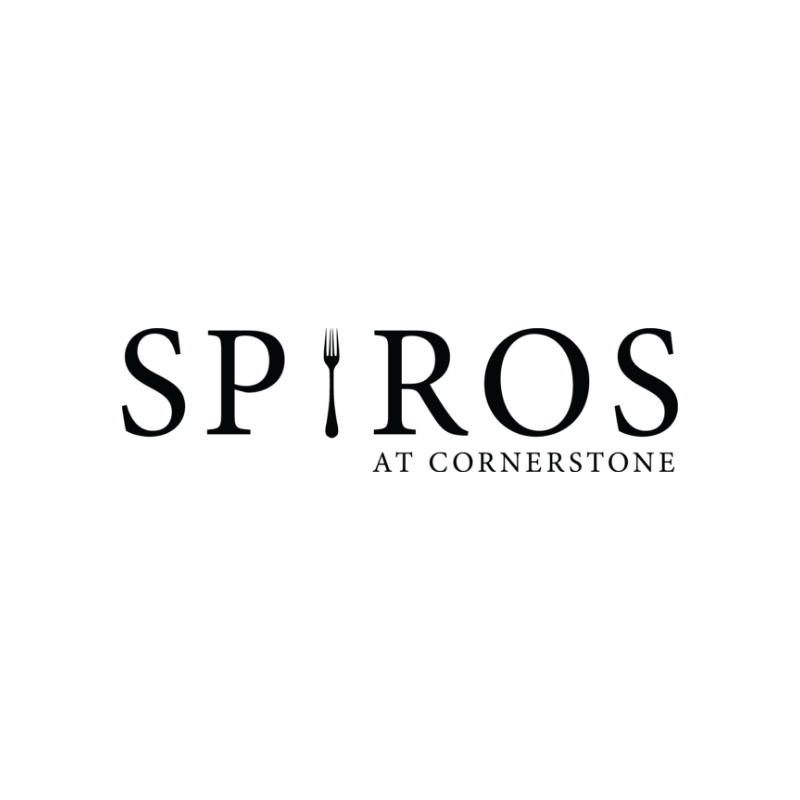 Logo for Spiros at Cornerstone featuring the name 'SPIROS' with a fork replacing the letter 'I' and text 'AT CORNERSTONE' underneath, on a black background.