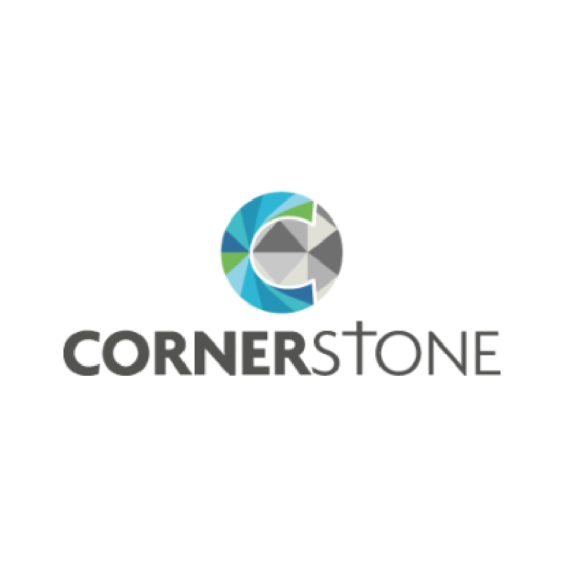 The image features a colorful, circular, geometric logo with shades of blue, green, and gray, and the word "CORNERSTONE" written below it in bold, uppercase letters.