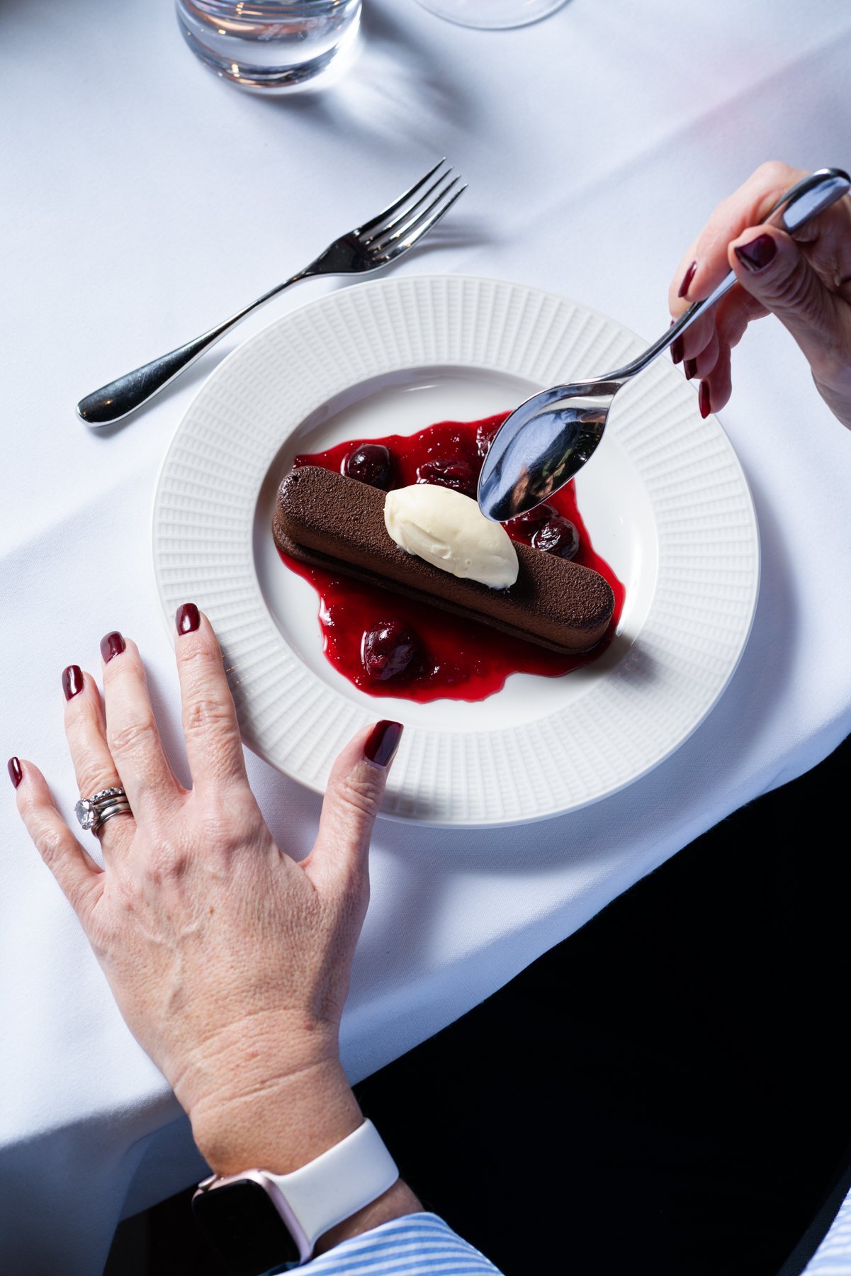 dramatic overhead shot of chocolate and cherry dessert by spiros caterers