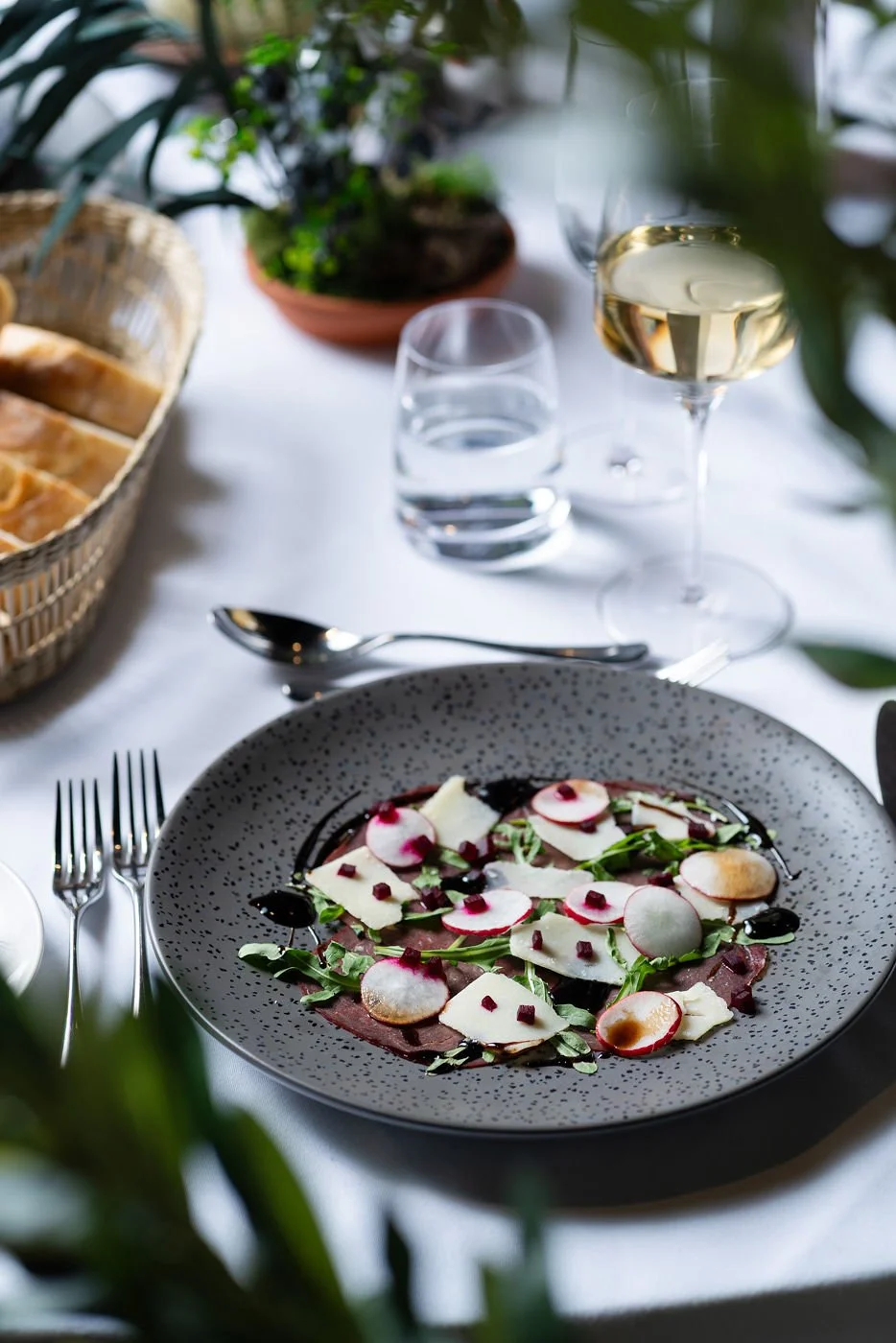 starter on black plate with radish circles and more vegetables