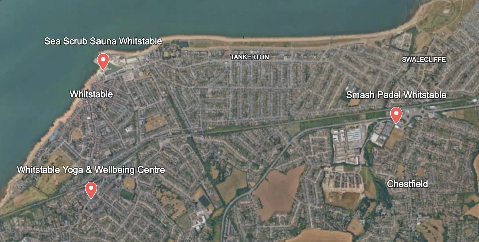 Satellite map of Whitstable area showing locations: Sea Scrub Sauna Whitstable, Whitstable, Whitstable Yoga & Wellbeing Centre, Tankerton, Swalecliffe, Smash Padel Whitstable, Chestfield.