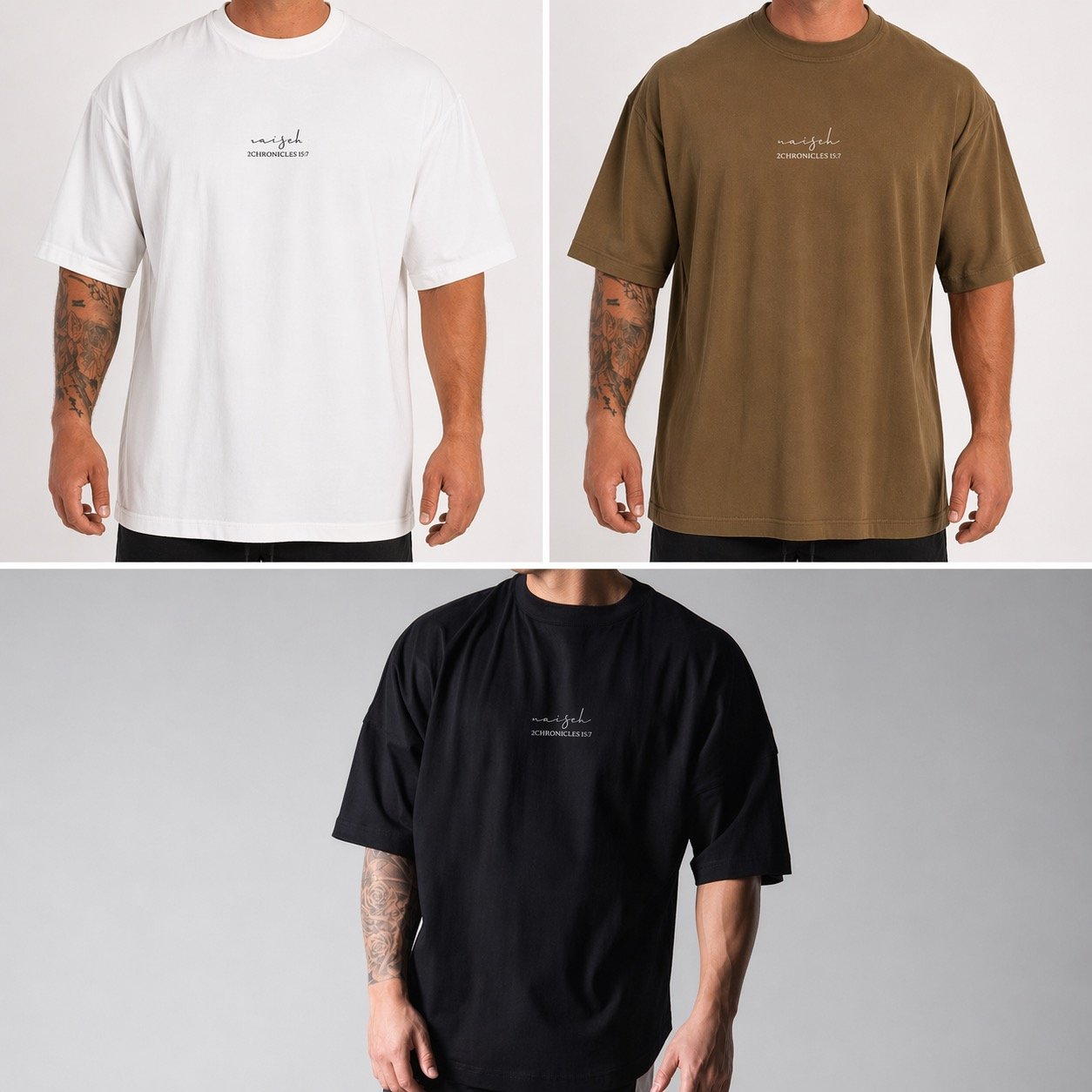 Three men wearing oversized t-shirts in white, brown, and black with small text logo on the front.