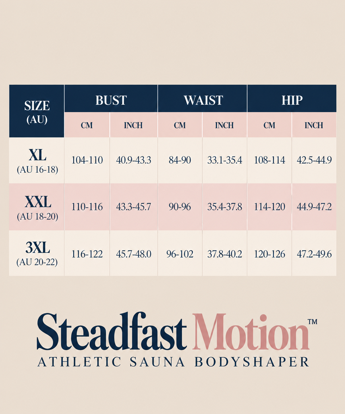 Size chart for Steadfast Motion athletic sauna bodysuit showing bust, waist, and hip measurements in centimeters and inches for sizes XL, XXL, and 3XL, with brand logo and description below.