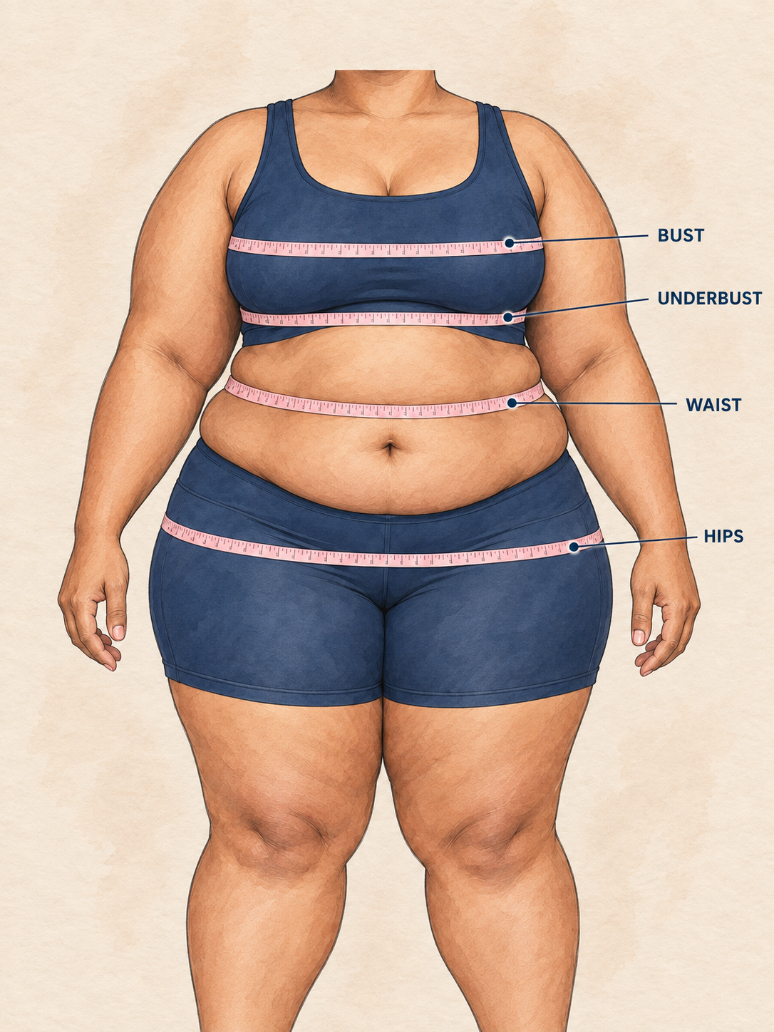 Illustration of a woman with measuring tapes around her bust, underbust, waist, and hips, wearing a blue sports bra and shorts.