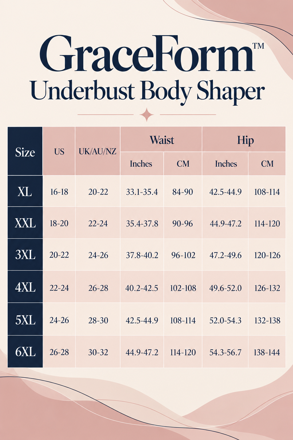Size chart for GraceForm Underbust Body Shaper, showing sizes XL to 6XL with measurements in inches and centimeters for waist and hip.