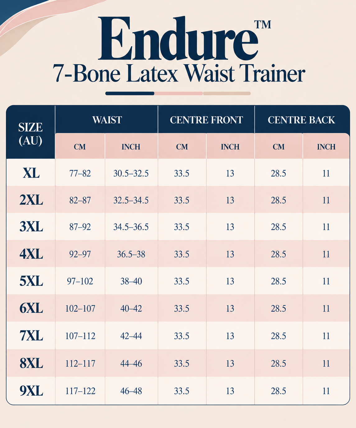 Size chart for Endure 7-Bone Latex Waist Trainer showing waist, center front, and center back measurements in centimeters and inches for sizes XL through 9XL.