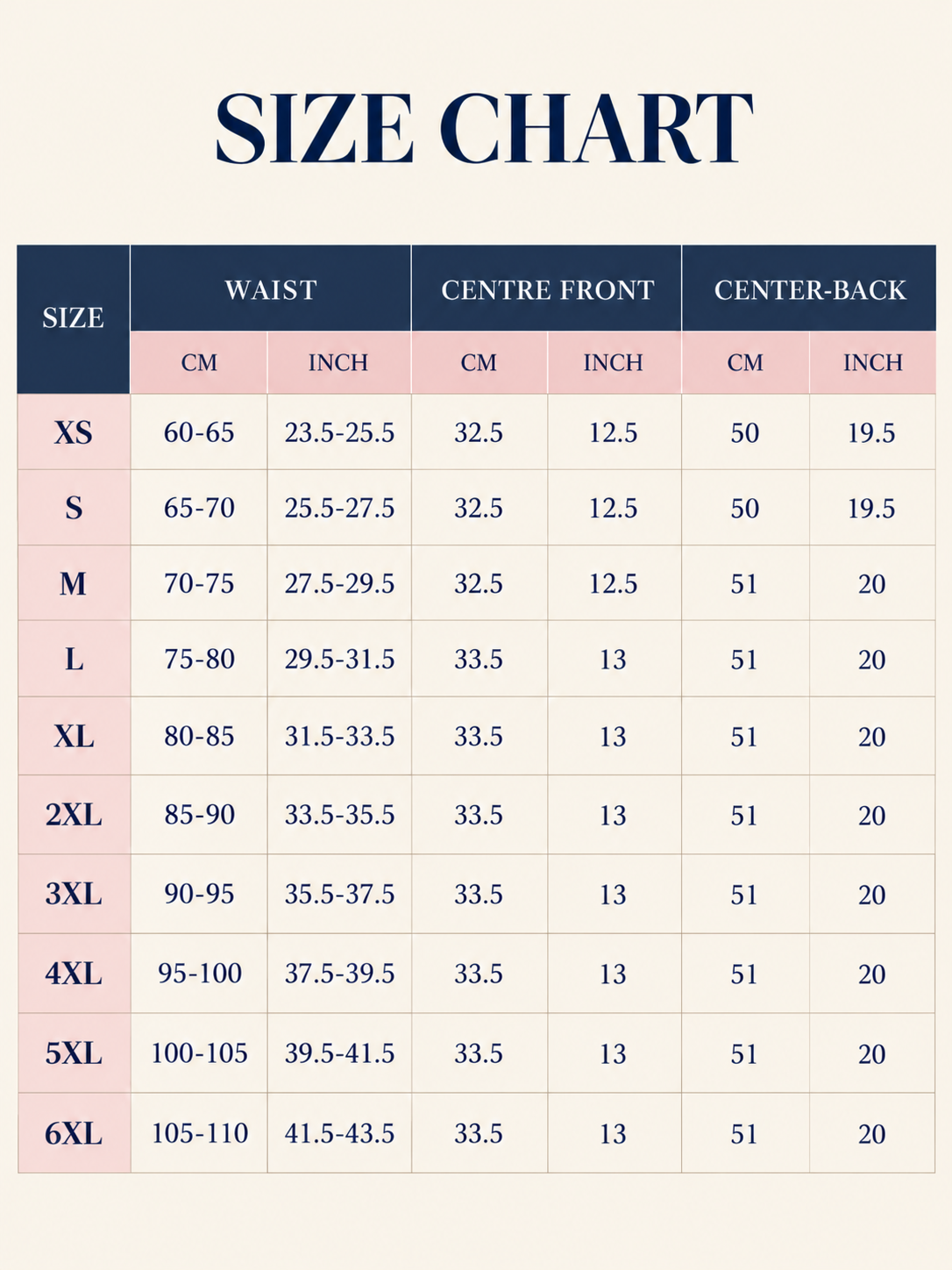 Size chart for clothing with measurements in centimeters and inches, showing size options from XS to 6XL, includes waist, center front, and center-back measurements.
