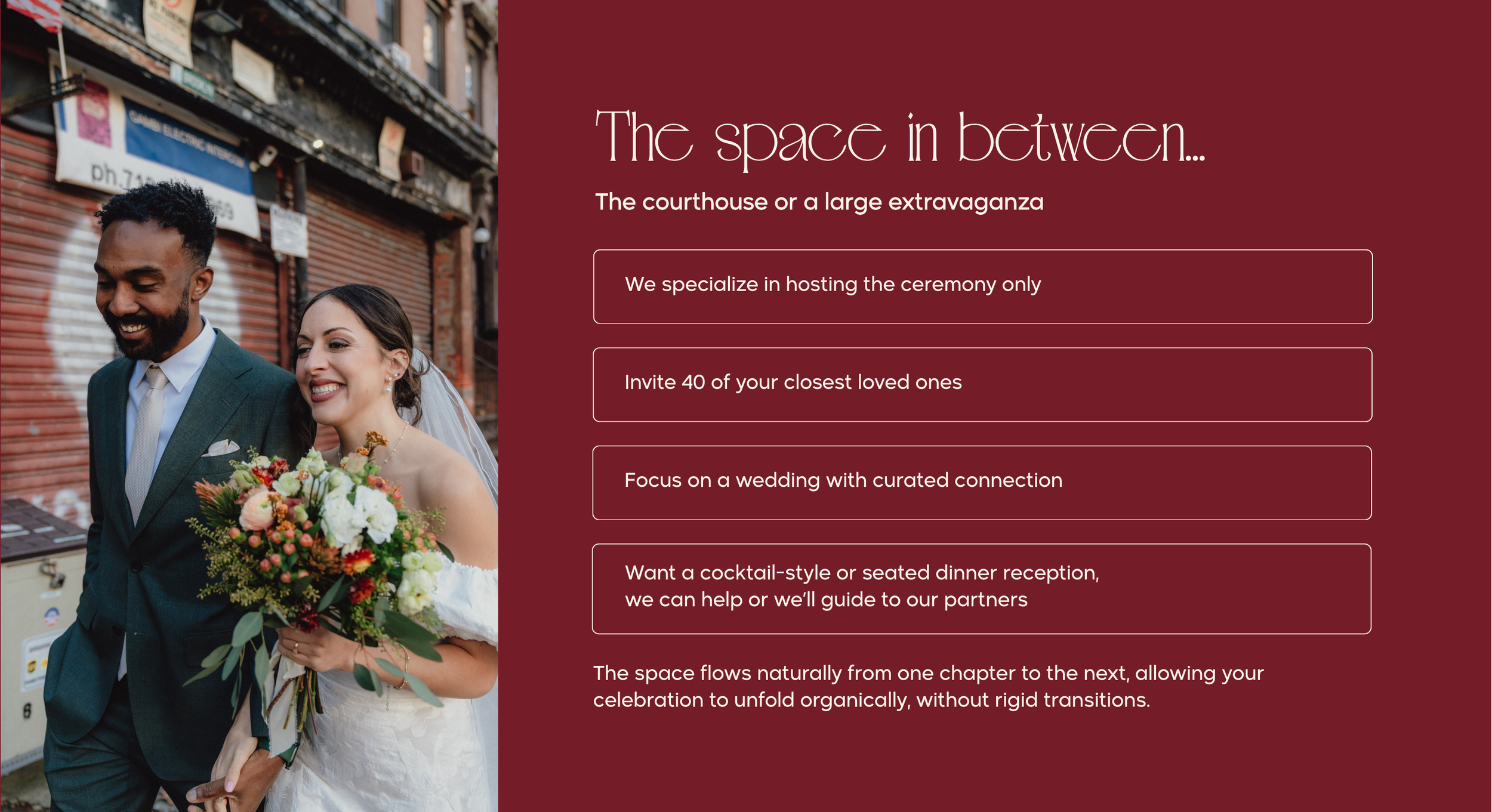 A smiling bride and groom standing together in an alleyway, with the bride holding a bouquet of flowers. The background shows closed storefronts with graffiti and signs.