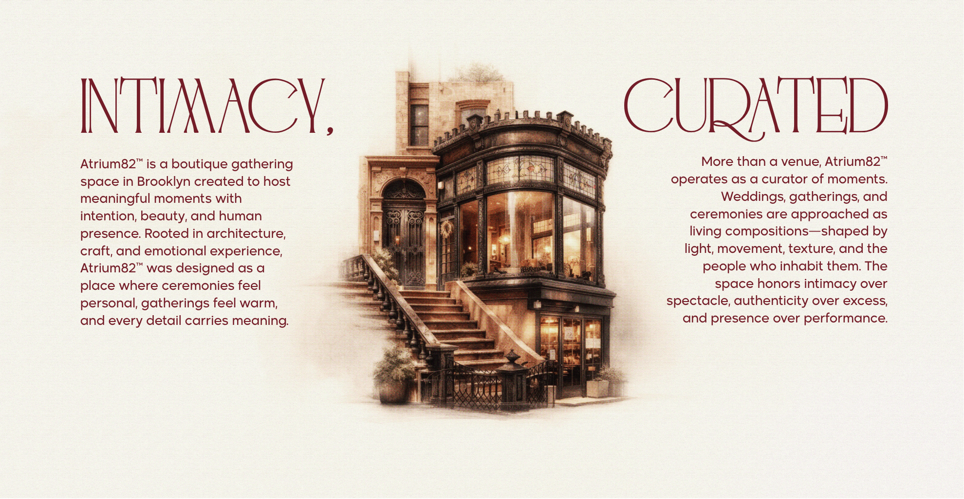 An interior decor and description about Atrium82, a Brooklyn boutique event space, with an illustration of a brownstone building featuring a bay window and stairs.