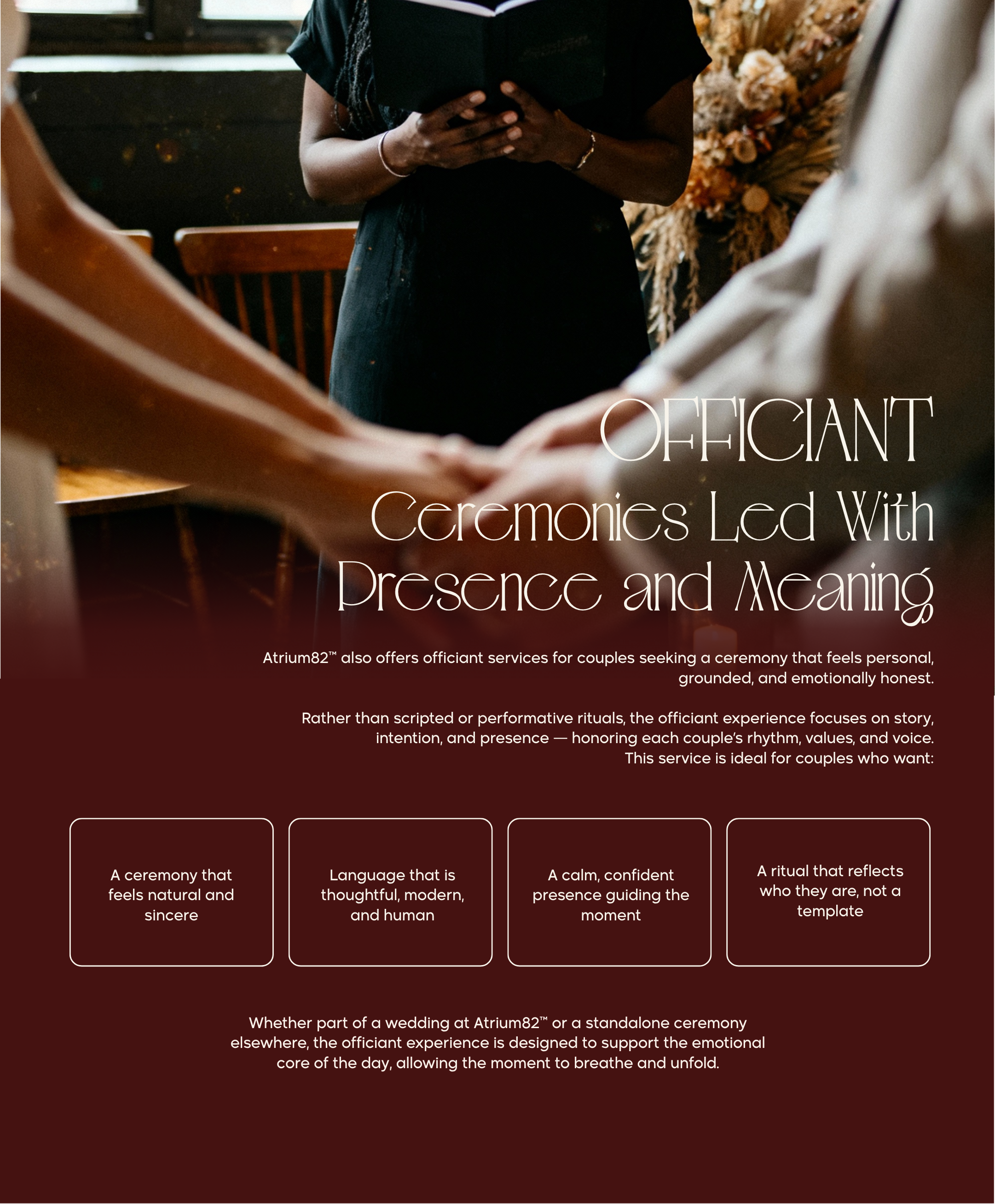 A person officiating a wedding ceremony, holding hands with a couple, with a floral arrangement behind them. The text on the image explains officiant services led with presence and meaning for ceremonies, focusing on story, intention, and voice.