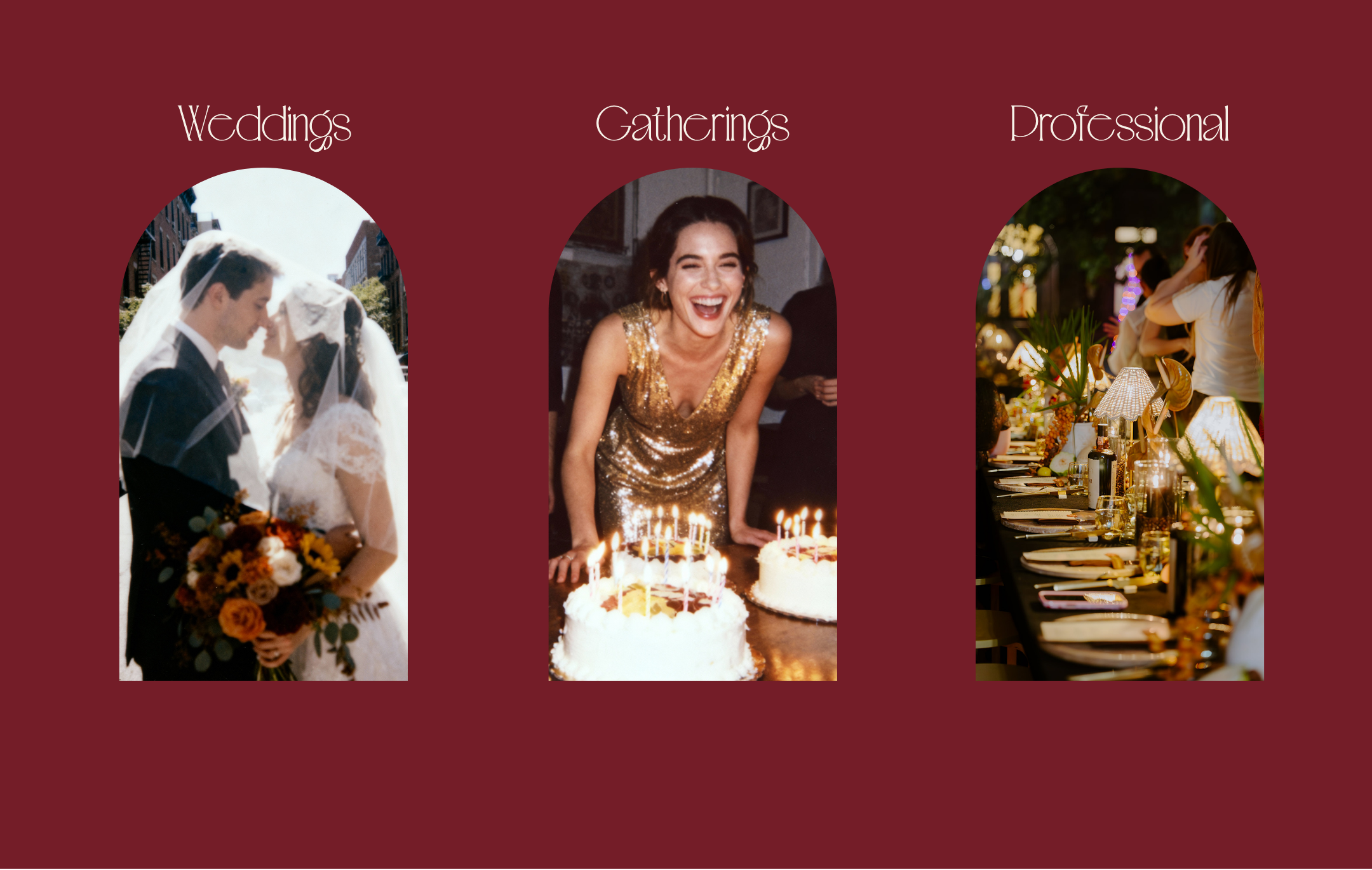 Graphic with three sections labeled Weddings, Gatherings, Professional; each section contains a photograph depicting a wedding, a gathering with a birthday celebration, and a formal dinner party respectively.