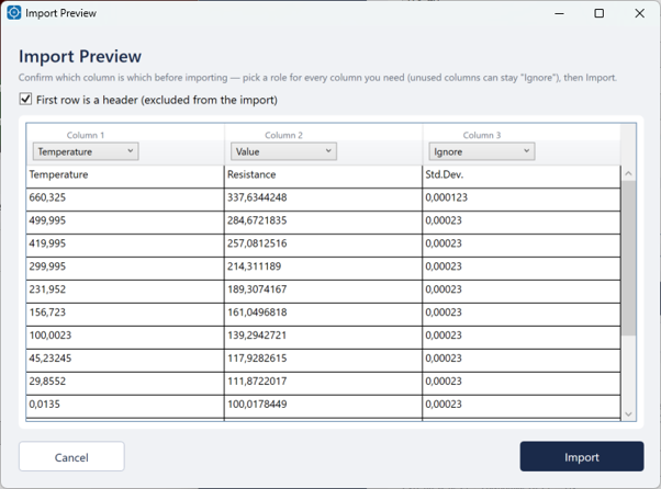 Screenshot of an import preview window showing a table with columns for Temperature, Resistance, and Std.Dev., with data rows and an 'Import' button.