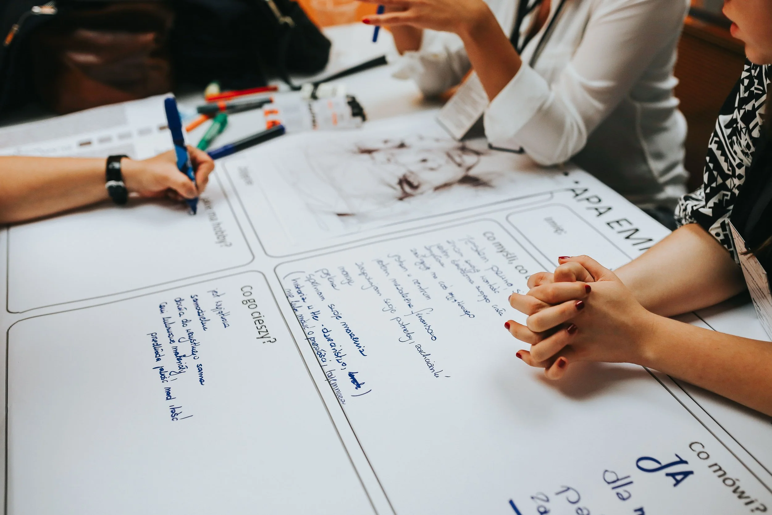 People sitting around a table, working on a large poster with handwritten notes and drawings, using pens and markers.