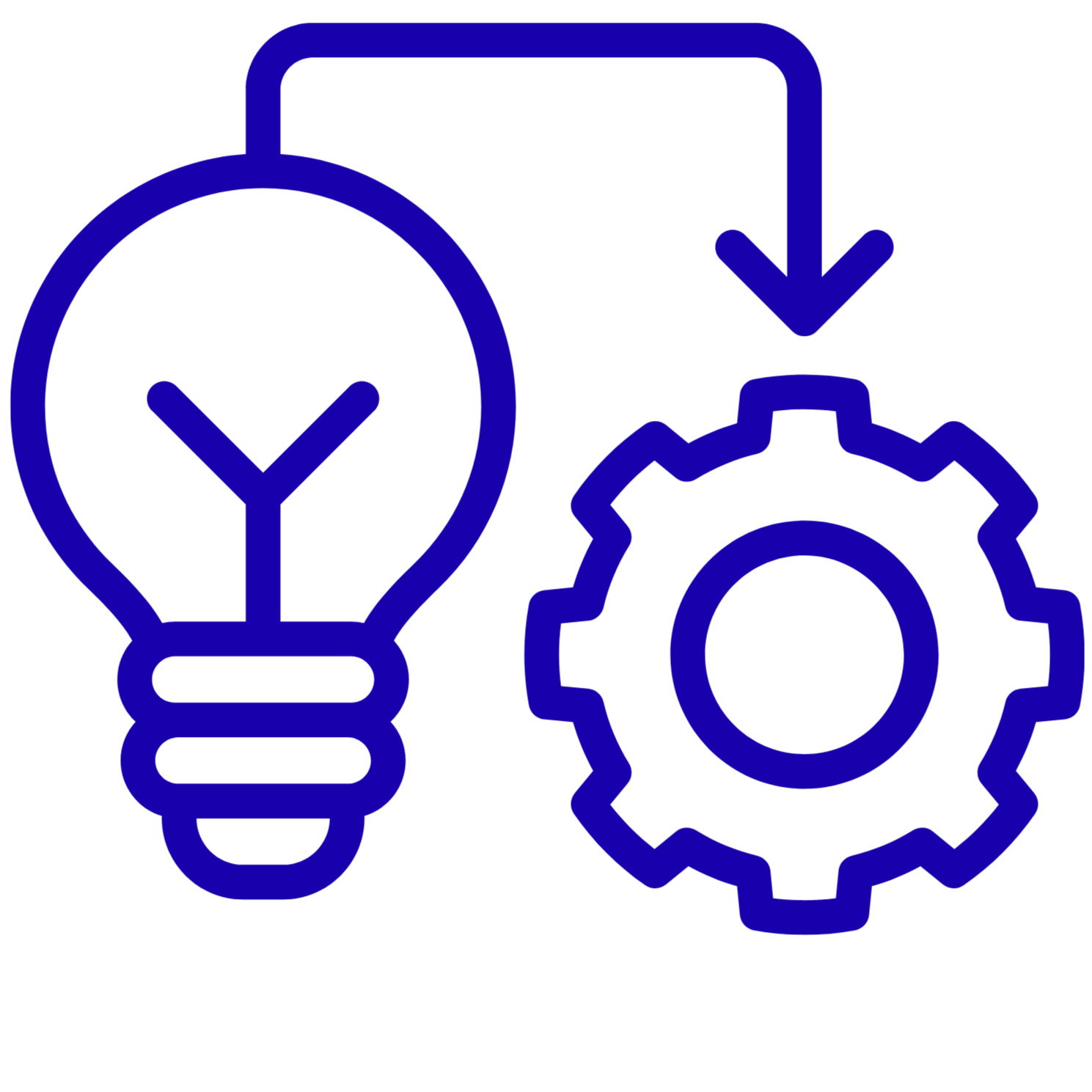 Blue line drawing of a lightbulb, gear, and arrow indicating process or idea development