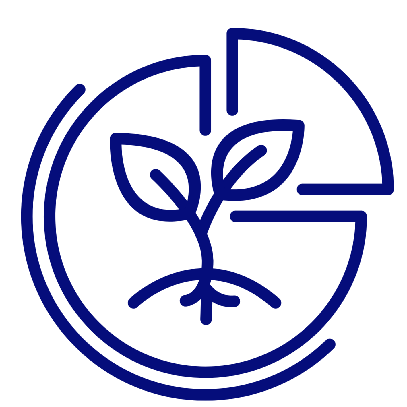 Line art icon of a plant with leaves inside a circular shape, representing sustainability or environmental focus.
