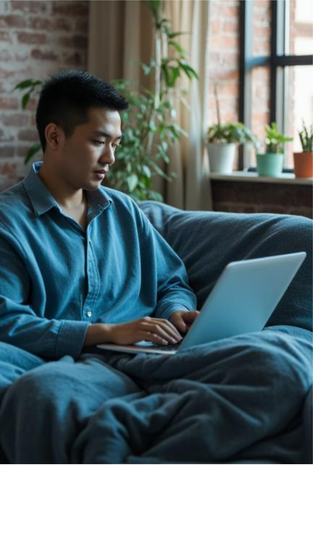 A young man with short black hair is sitting on a couch, working on a silver laptop. He is wearing a blue shirt and light-colored pants, and is focused on his screen. The background features a brick wall, a window with beige curtains, and several potted plants on the windowsill.