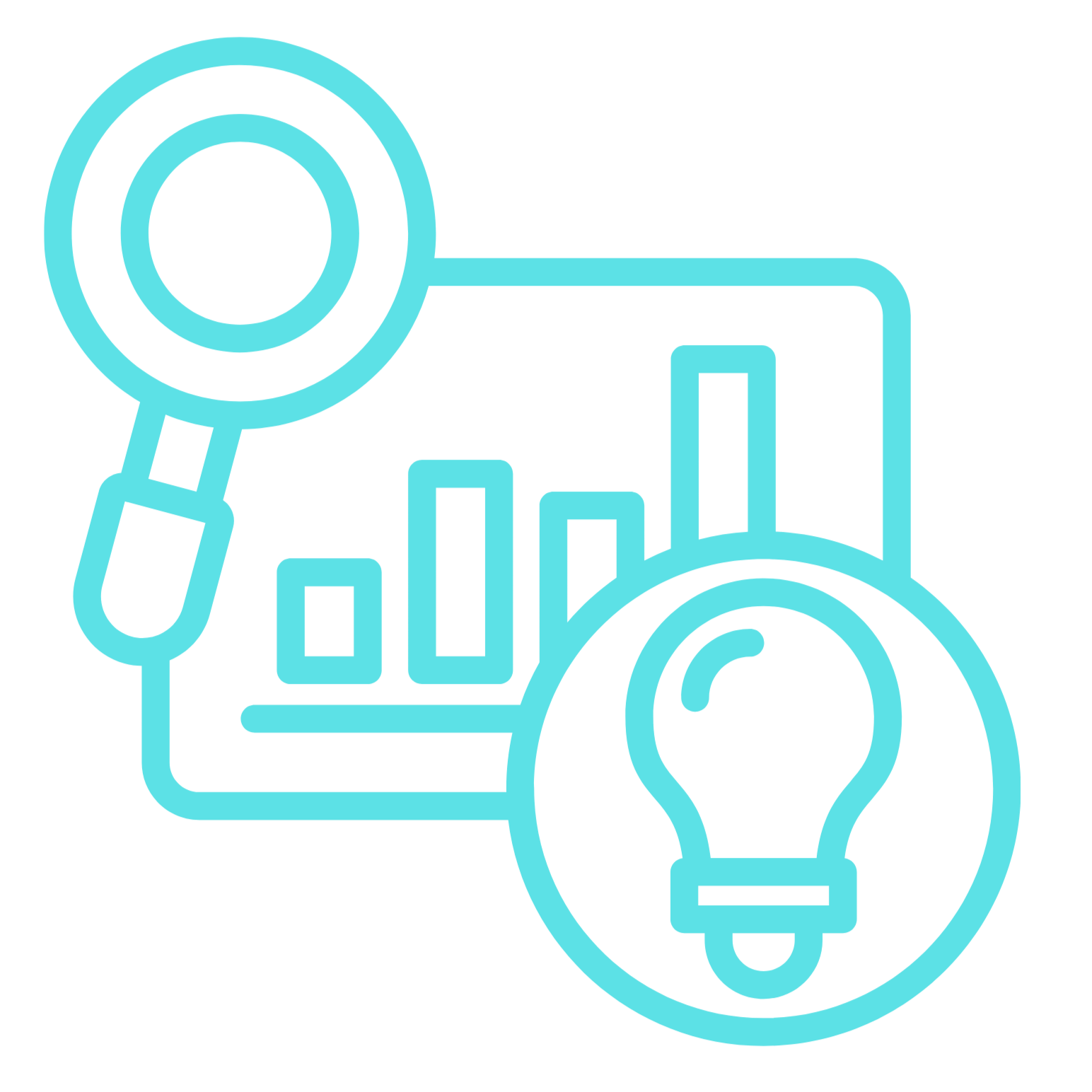 Outline icon of a magnifying glass, bar chart on a tablet or screen, and a light bulb, representing ideas, analysis, and innovation.