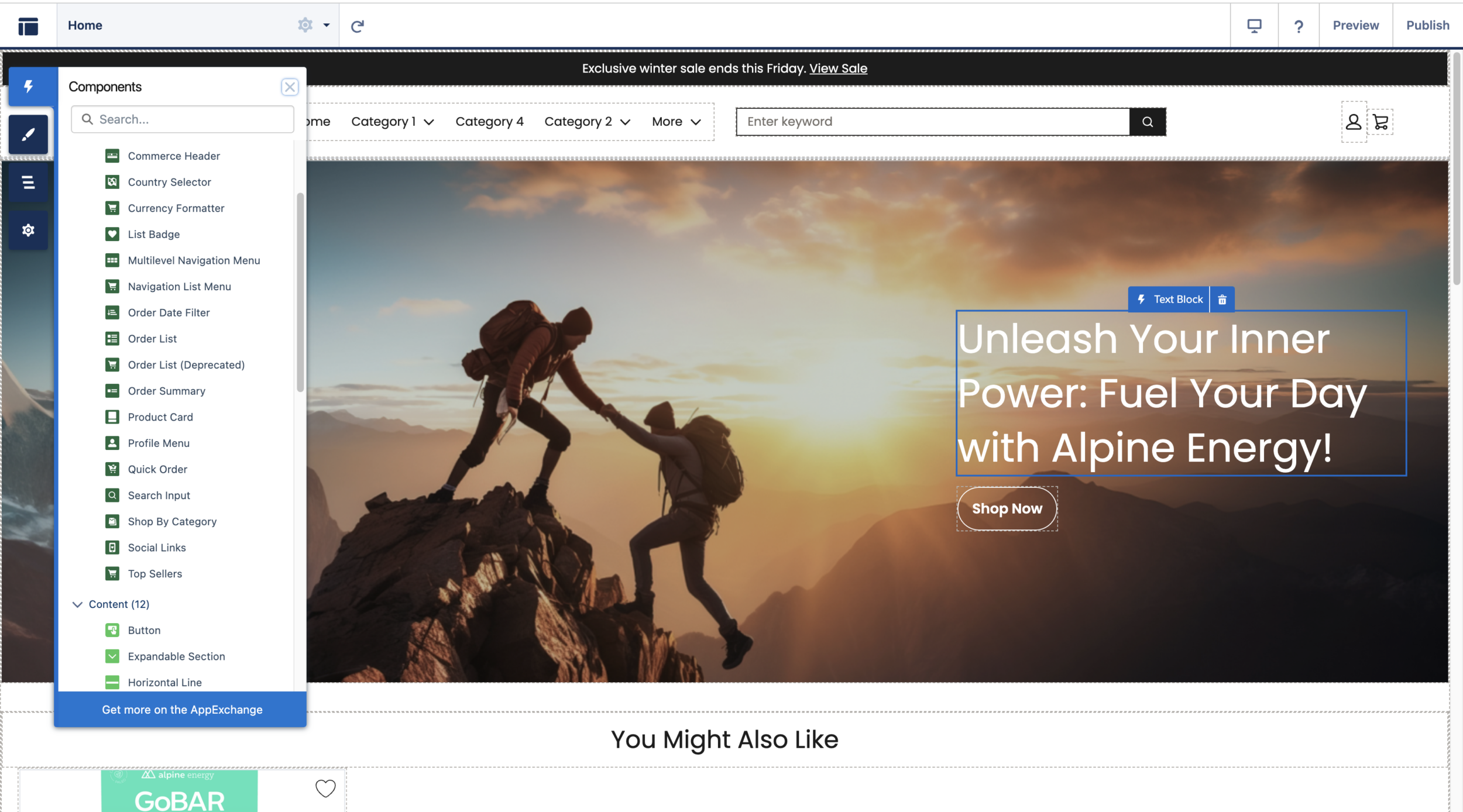 Out-of-the-box Storefront with the Components tab.