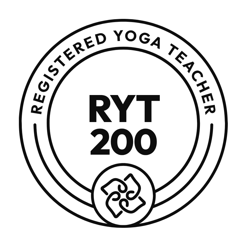 Registration badge for Registered Yoga Teacher (RYT 200) with a circular design and a yoga pose icon at the bottom.
