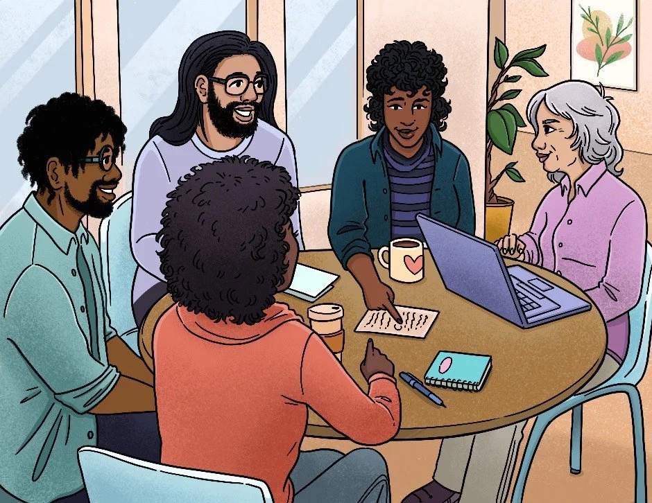 A diverse group of five people having a meeting around a round table in a bright room with large windows and plants.