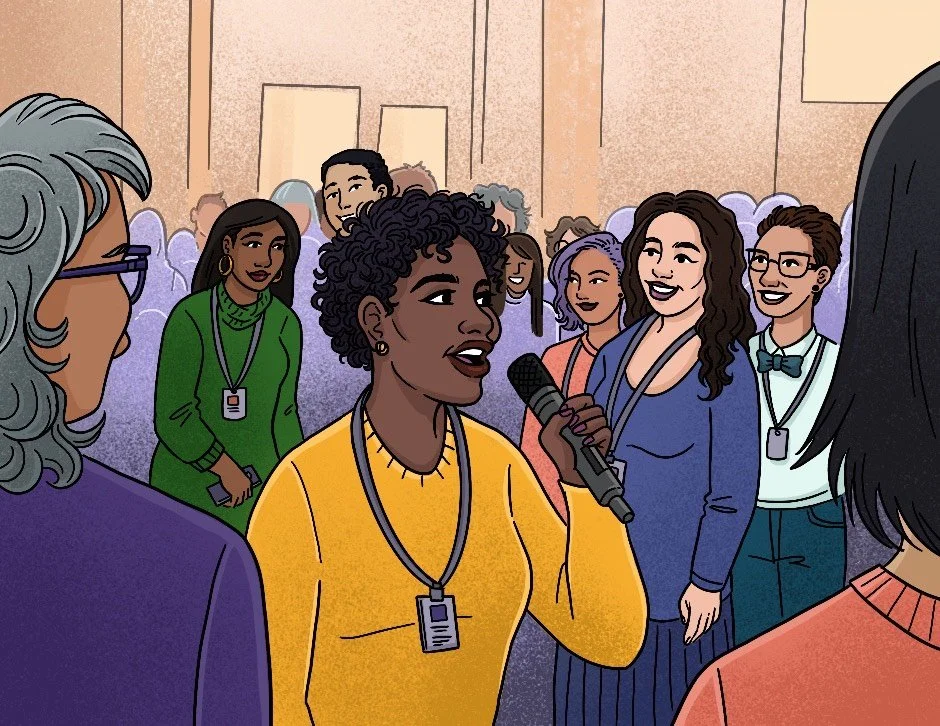 An animated illustration of a woman speaking into a microphone at a conference or seminar, surrounded by diverse audience members smiling and listening.