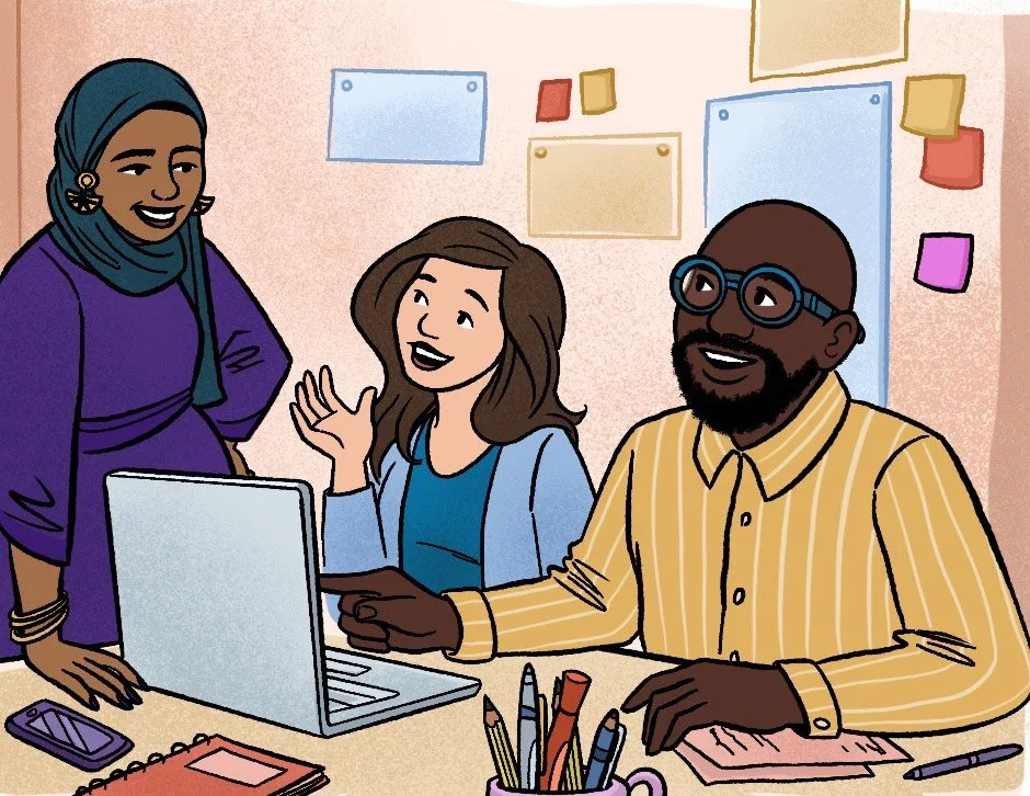 Three diverse people chatting and interacting around a laptop in an office with post-it notes and stationery.