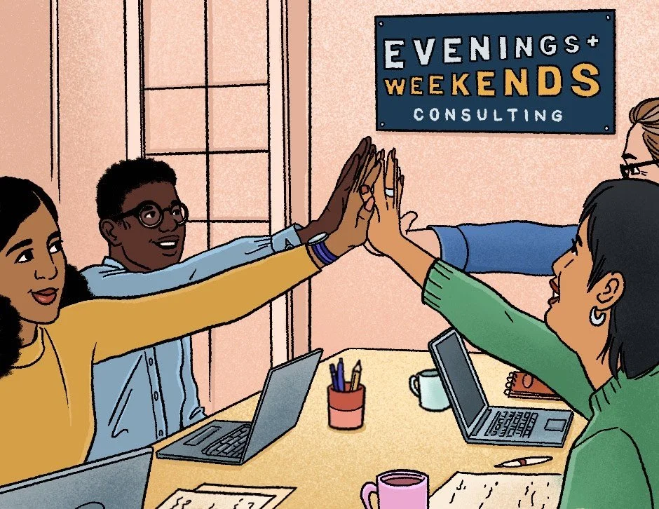 Four people in a meeting room giving high-fives, with laptops, notebooks, and coffee mugs on the table, and a sign that says 'Evenings + Weekends Consulting' on the wall.
