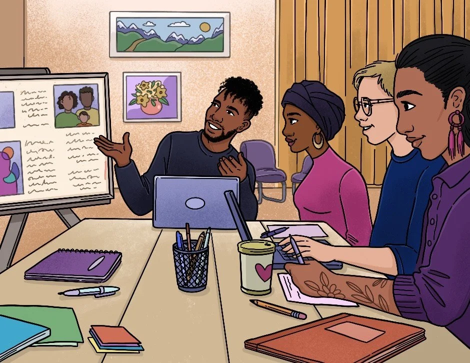 Four diverse people sitting at a table during a presentation or meeting. One person is gesturing towards a display board with images and text, while others are taking notes or holding pens. The setting is a room decorated with paintings on the wall.