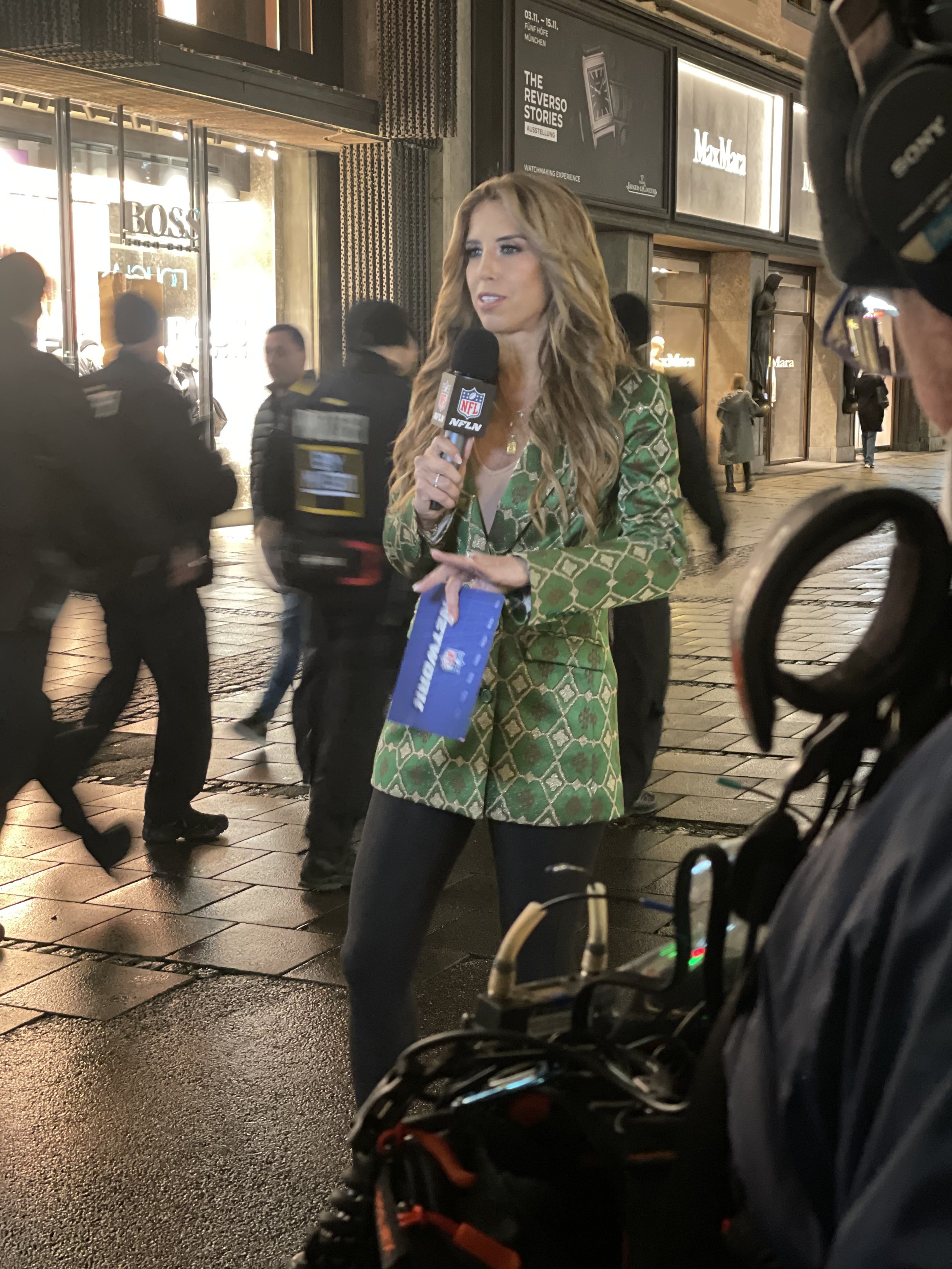 NFL Network reporter Sara Walsh presenting Live on location in Munich, with hair by Jenna Smith.