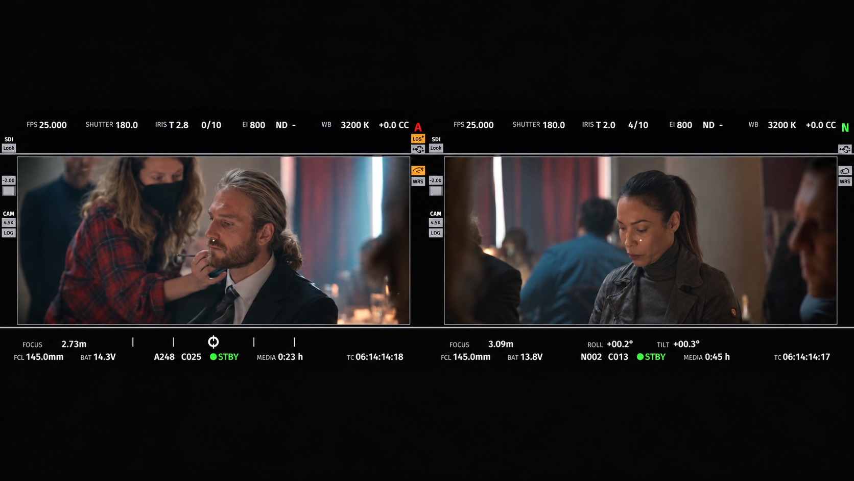 Two production monitor frames from Sky Original series Then You Run: Jenna Smith refreshes the character neck tattoo for Leander Vyvey as Lukas on the left, with Annabelle Mandeng as Katjya shown on the right.