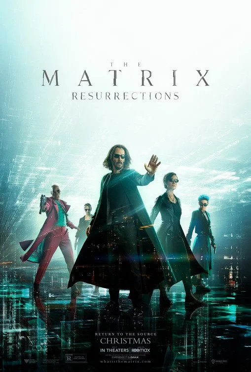 Official theatrical poster for The Matrix Resurrections, featuring Keanu Reeves as Neo and Carrie-Anne Moss as Trinity.