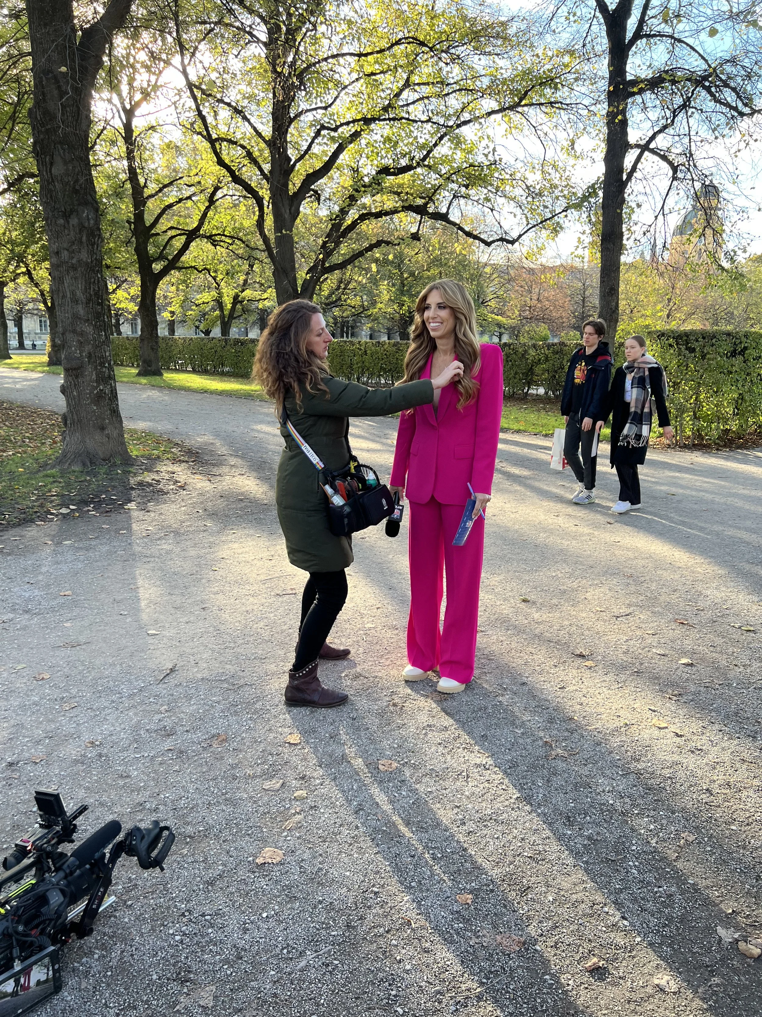 Jenna Smith completing on-location hair checks for NFL Network reporter Sara Walsh in Frankfurt.