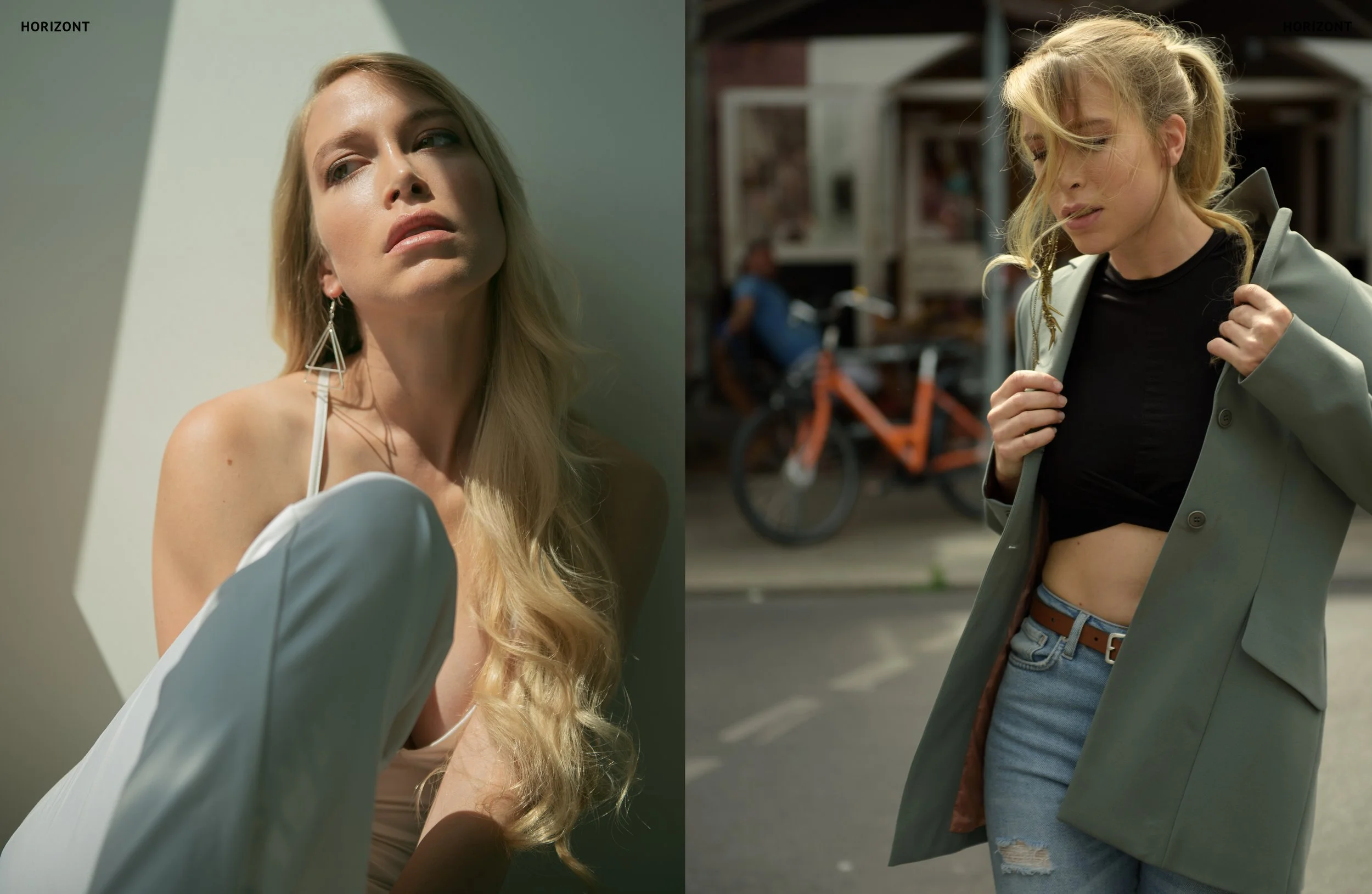 Side-by-side images of young women with blond hair. The woman on the left is looking upward with a serious expression, wearing a white top and large geometric earrings. The woman on the right is looking down and to the side, wearing a gray blazer over a black top, and adjusting her jacket, with a bike and urban background.
