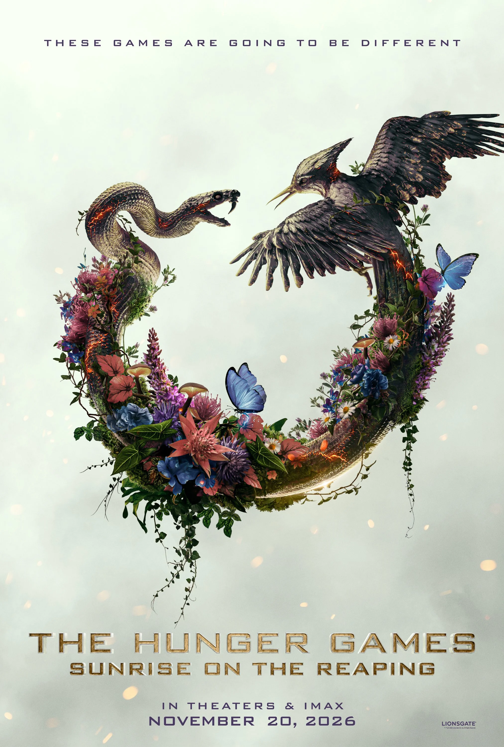 Teaser poster for The Hunger Games: Sunrise on the Reaping, featuring a snake and bird encircling a floral Hunger Games emblem.