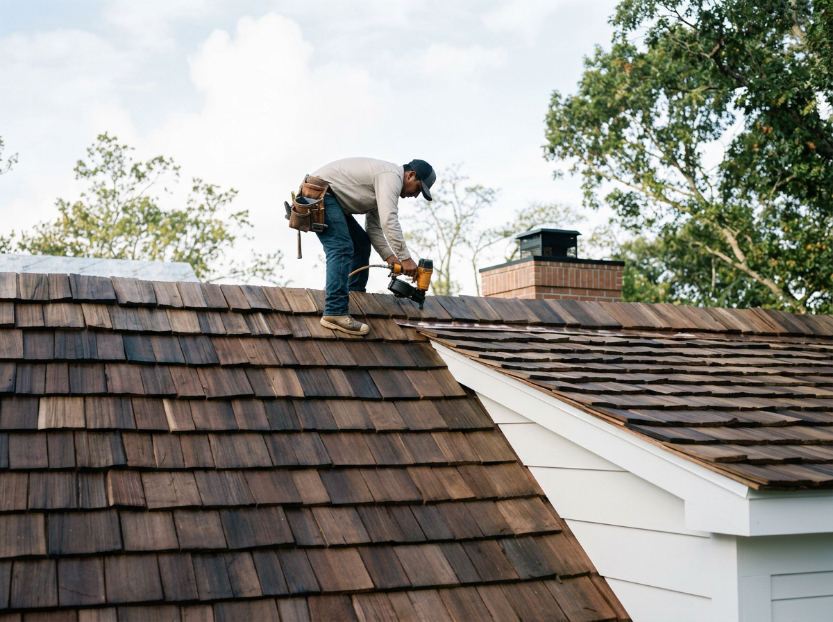 A man working on a brown shingled roof with a nail gun, wearing a tool belt and cap, surrounded by trees and a brick chimney.
