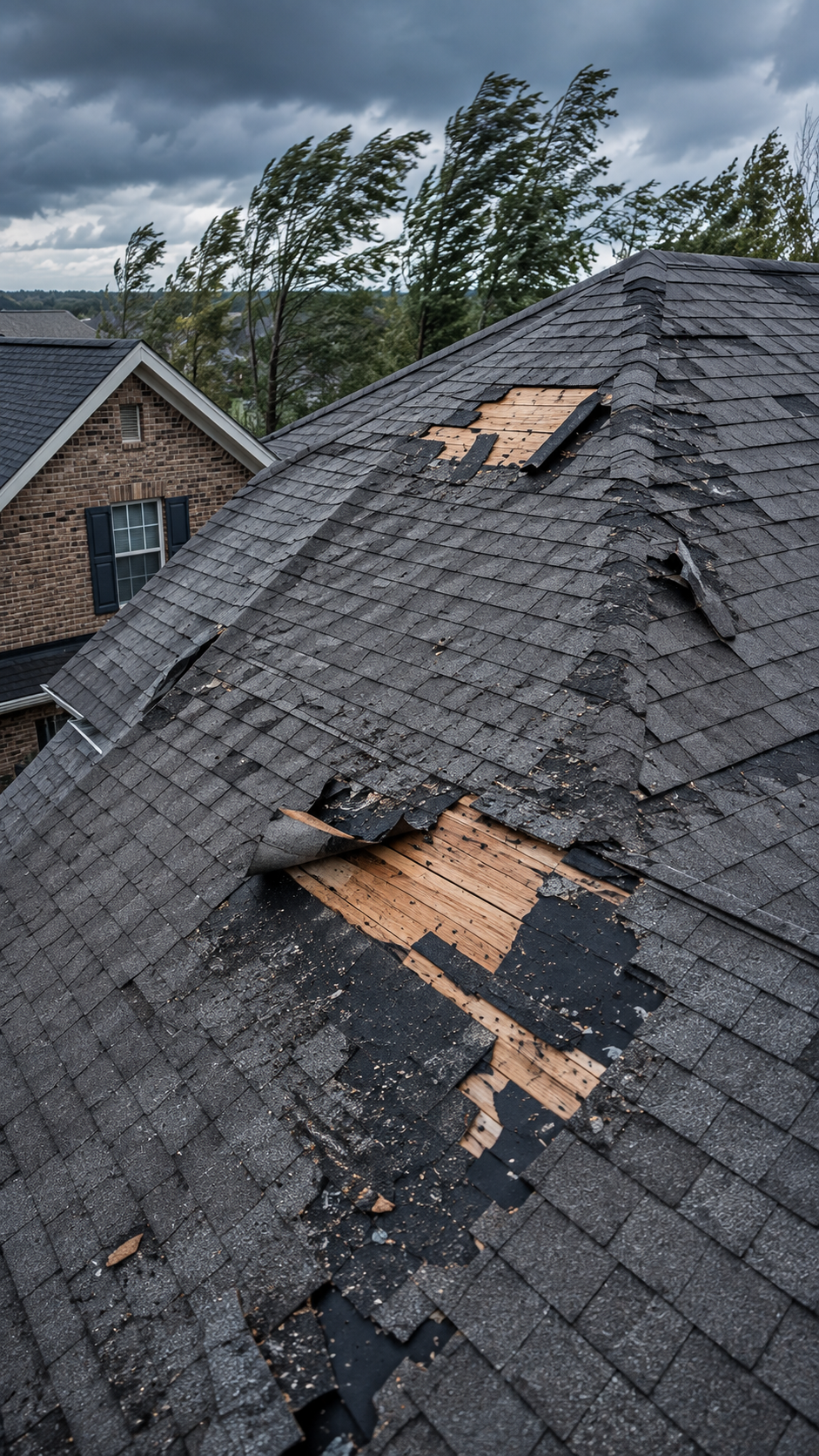 Storm-damaged shingle roof with missing shingles after severe weather in Gallatin, Tennessee