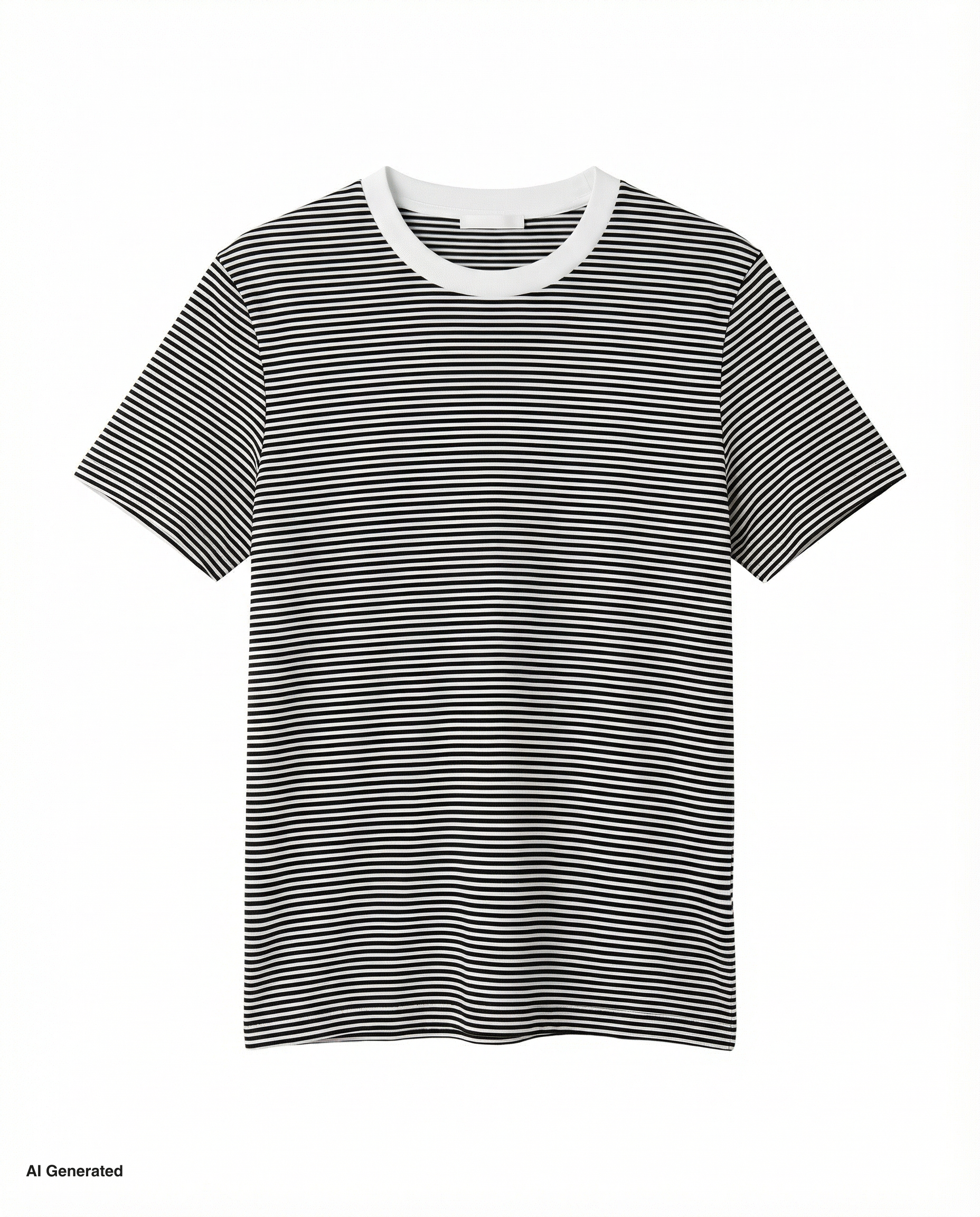 Schwarzes T-Shirt mit weißen Streifen auf weißem Hintergrund.