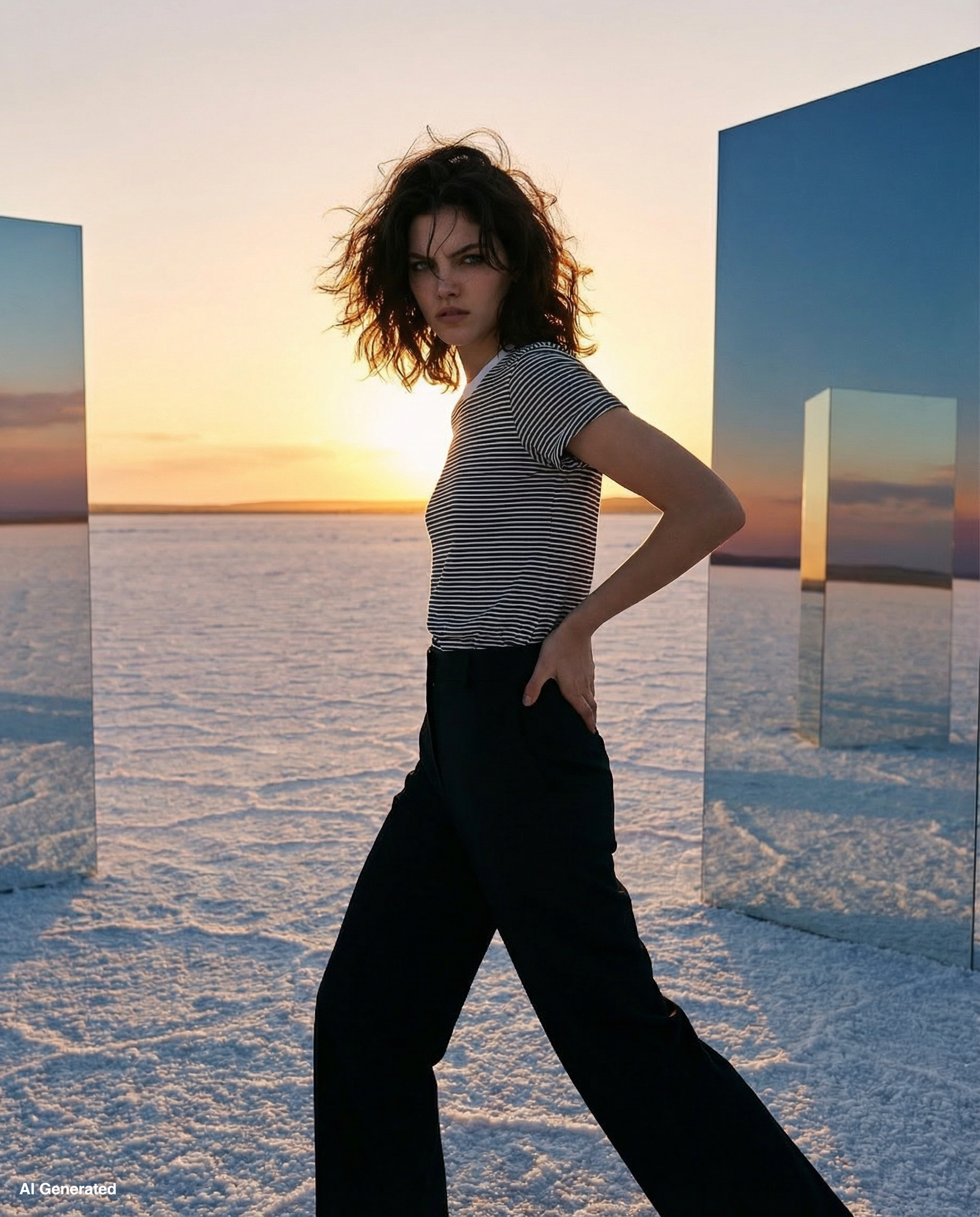 Junge Frau in Schwarz-Weiß-Streifen-T-Shirt und schwarzen Hosen steht in einer Wüstenlandschaft bei Sonnenuntergang, umgeben von reflektierenden Skulpturen.