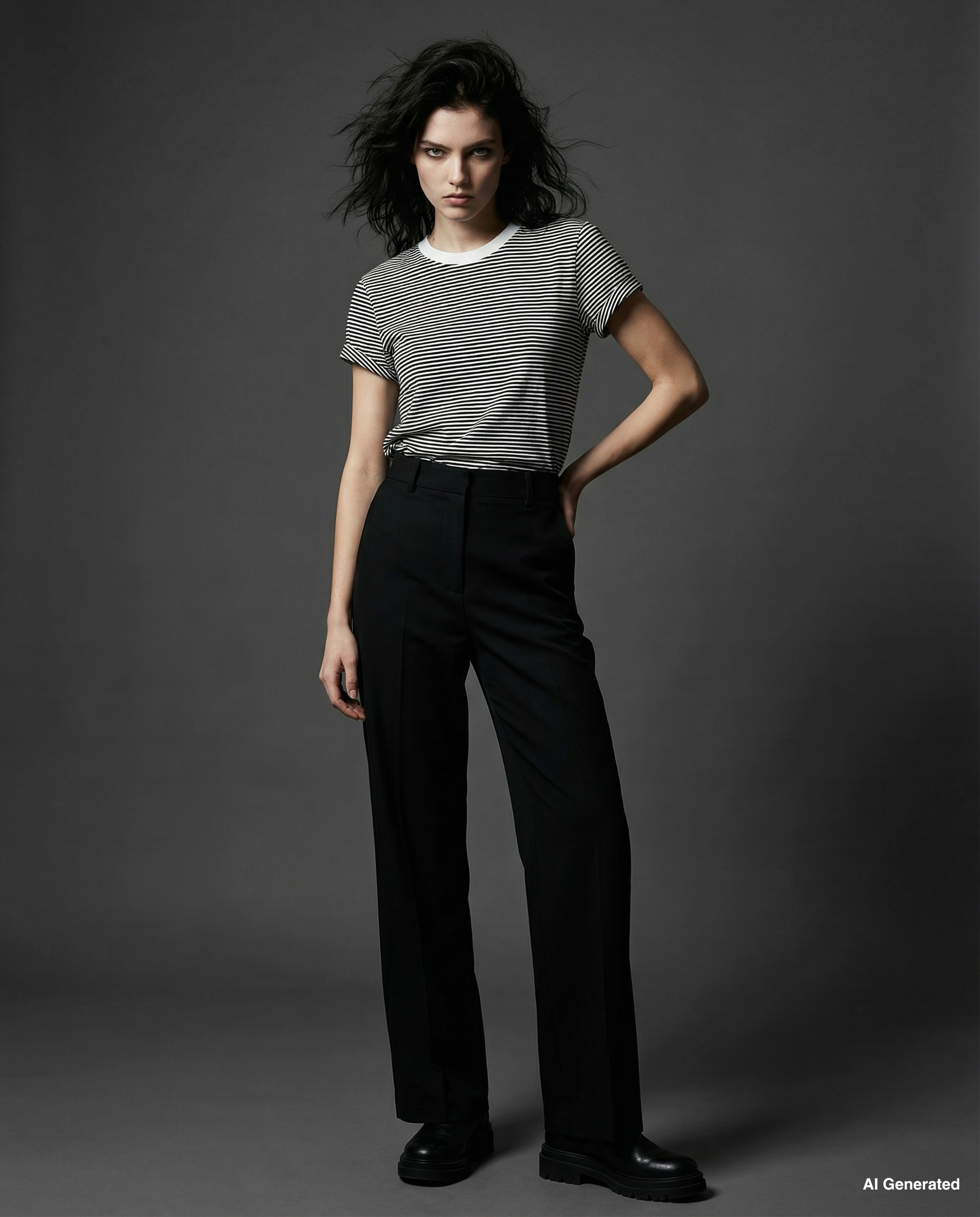 Junge Frau in schwarzer Hose und gestreiftem T-Shirt vor grauem Hintergrund.