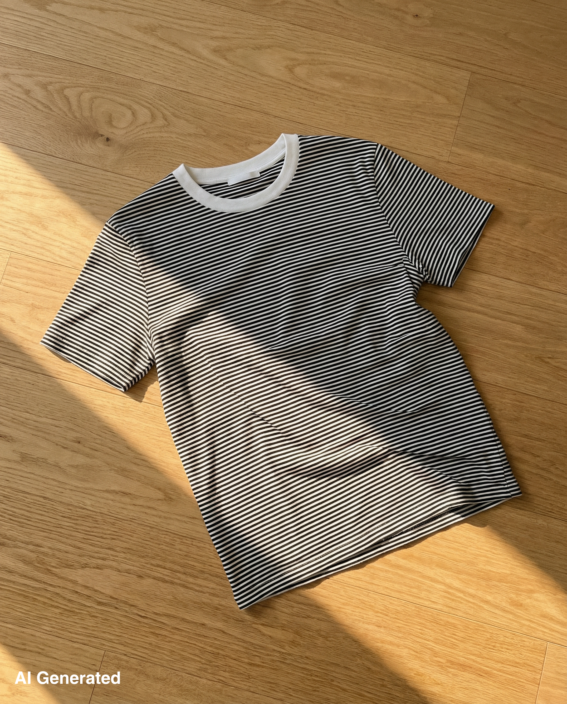 Ein schwarzes und weiß gestreiftes T-Shirt liegt auf einem Holzboden neben einem weißen Bett.